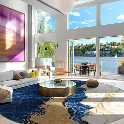 Kruhový koberec - Padova (modrý/biely/zlatý)