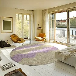 Kolo koberce - Amira Natural Cotton Shaggy (béžová/fialová)