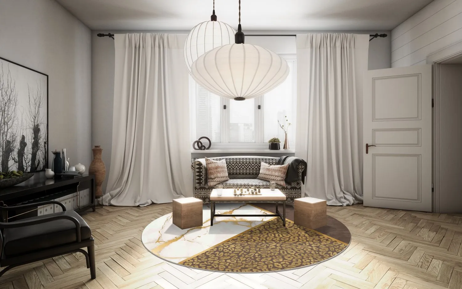 Kruhový koberec - Granada (hnedá/biela/zlatá)