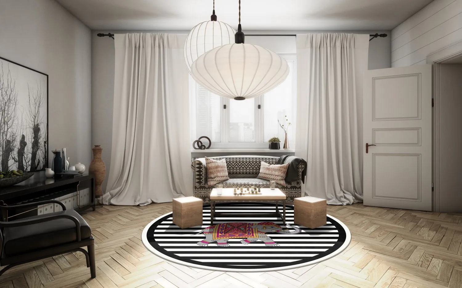 Kruhový koberec - Develi (čierna/biela)