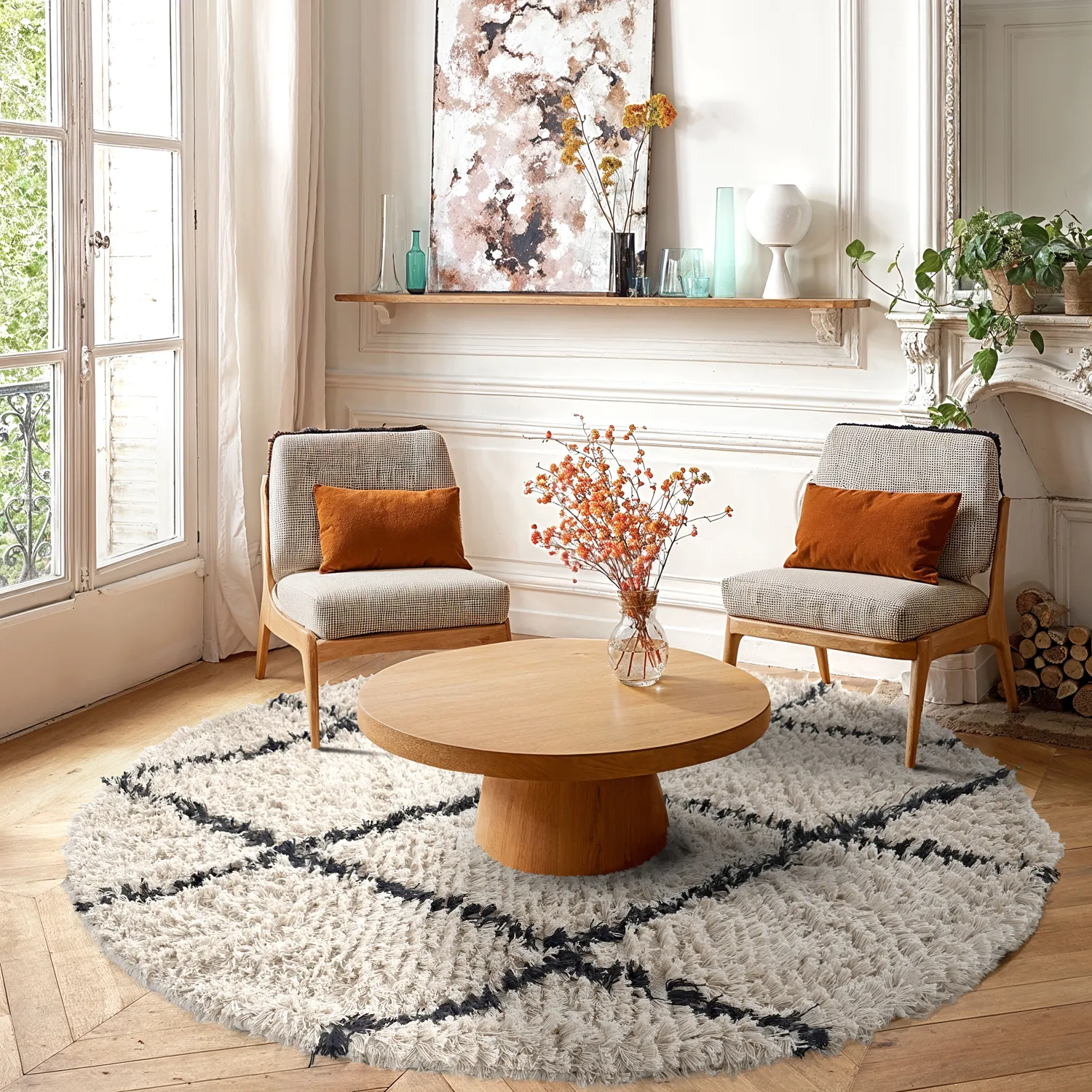 Kolo koberce - Alcott Natural Cotton Shaggy (čierna/biela)