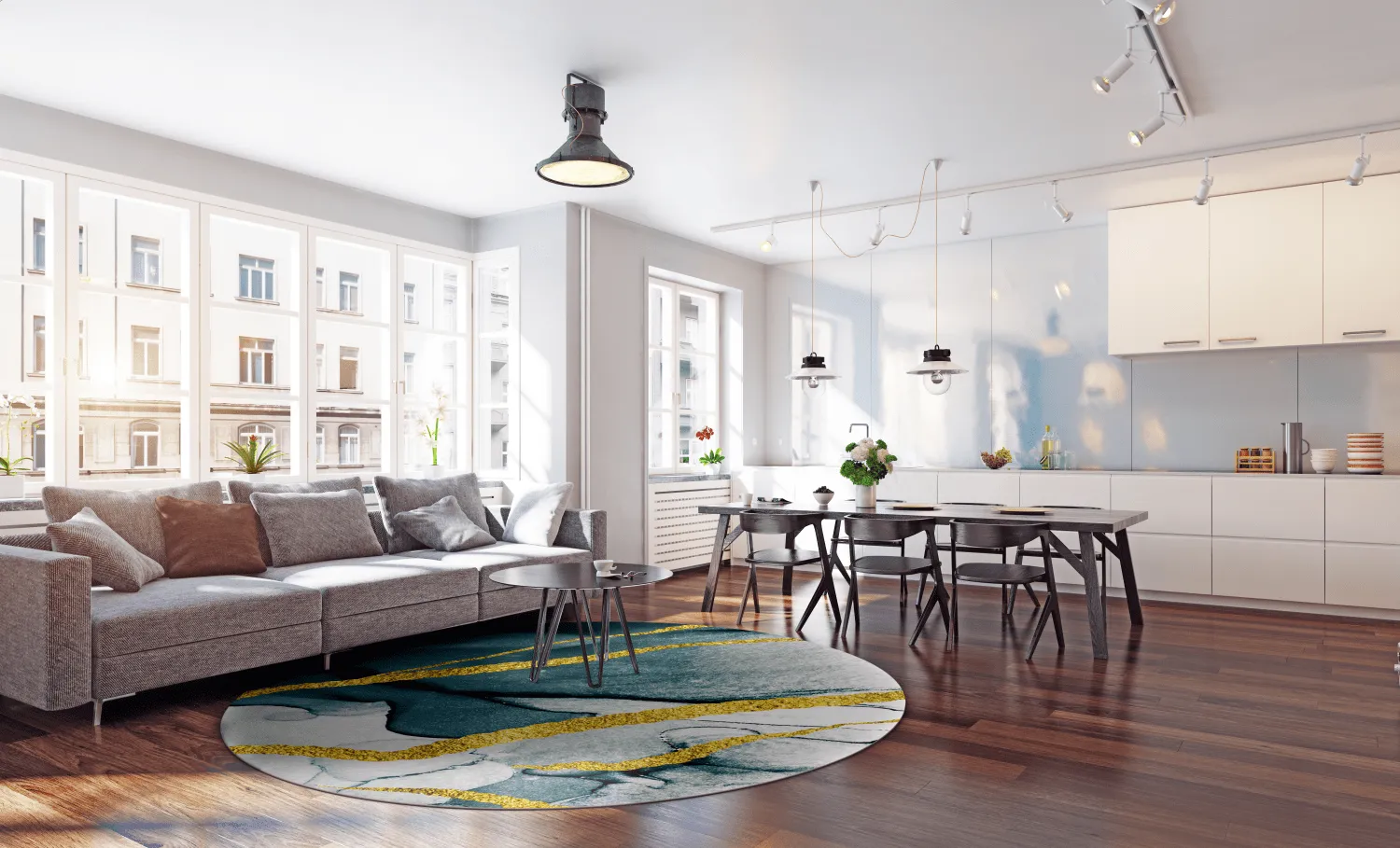 Kruhový koberec - Alvaro (modrý/biely/zlatý)