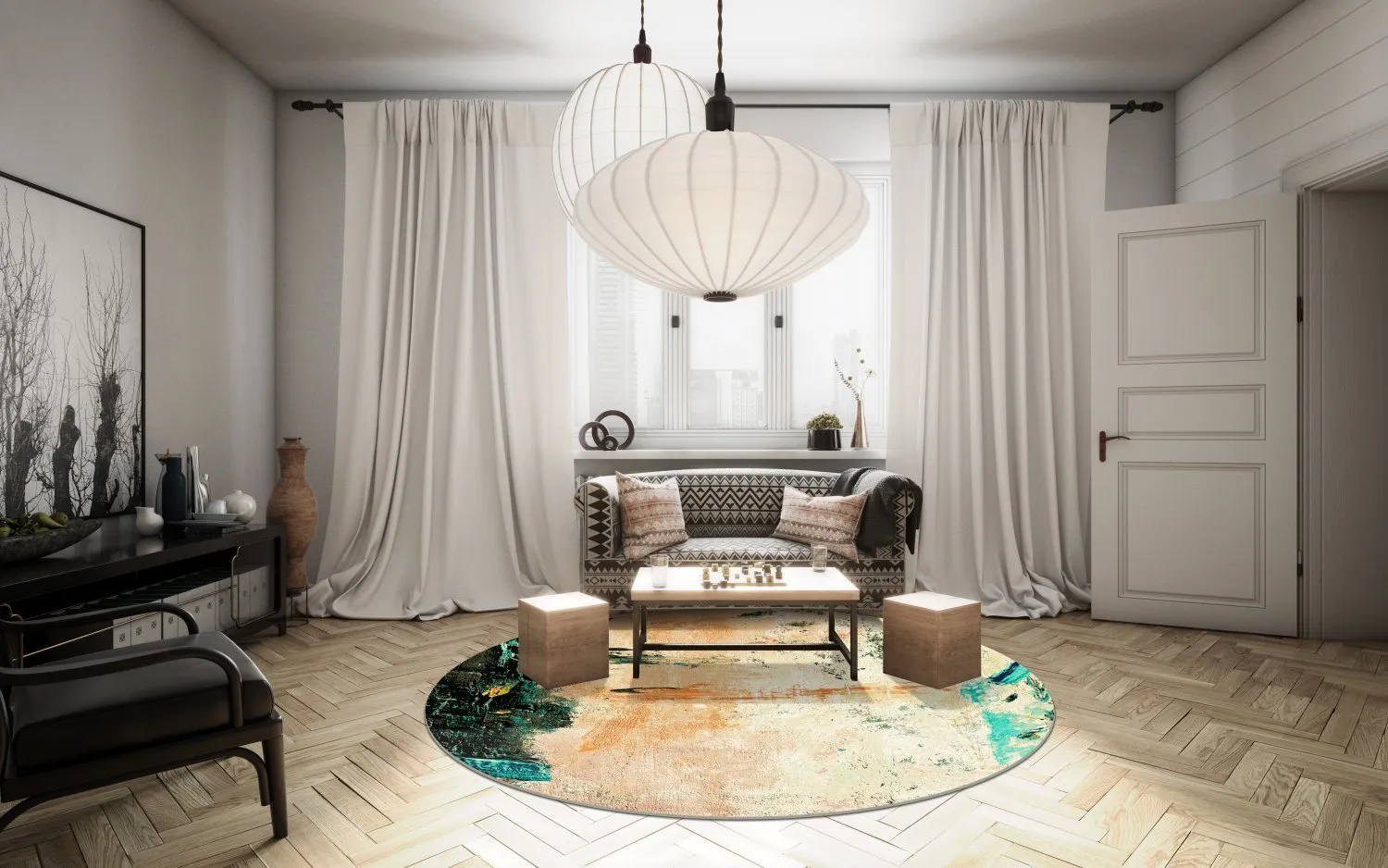 Kruhový koberec - Tempes (béžový/multicolor)