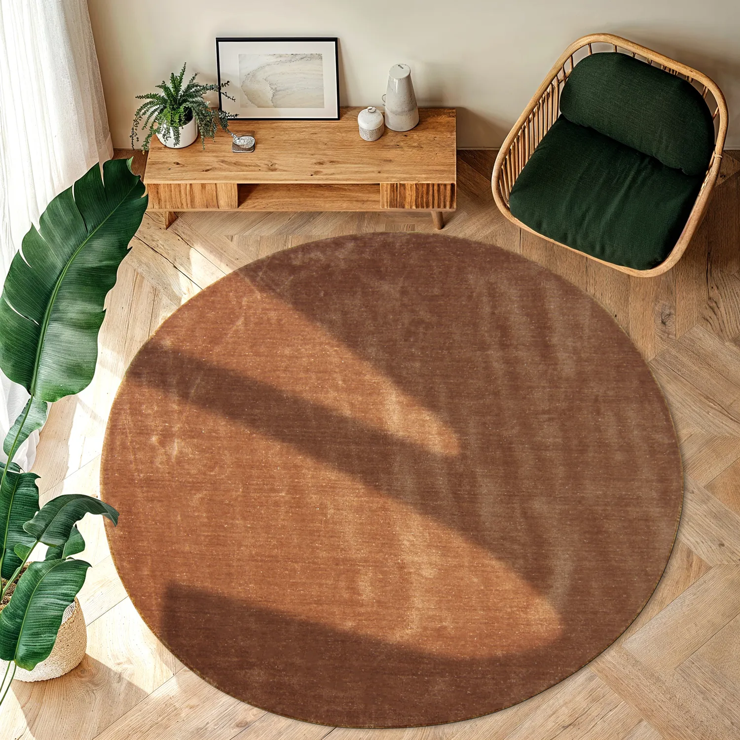 Kruhový koberec - Recycled PET s viskózovým vzhľadom (hnedý)