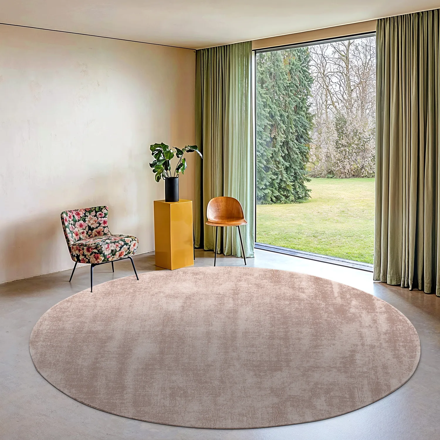 Kruhový koberec - Recycled PET s viskózovým vzhľadom (svetlohnedý)