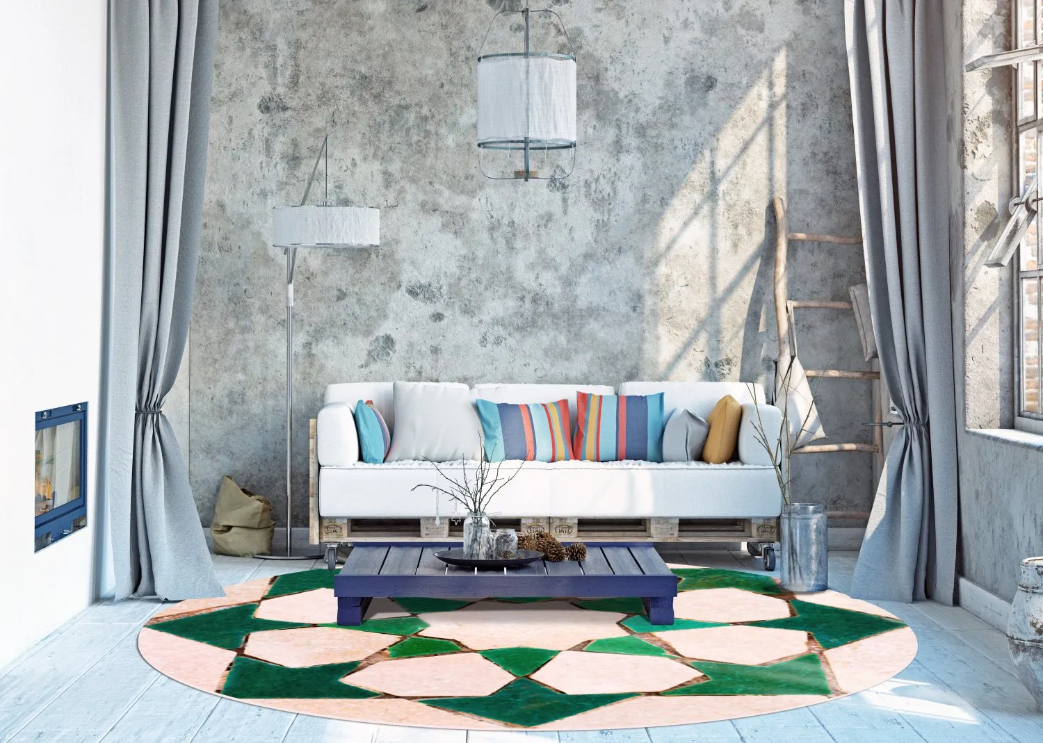 Kruhový koberec - Chia (zelená/bežová)