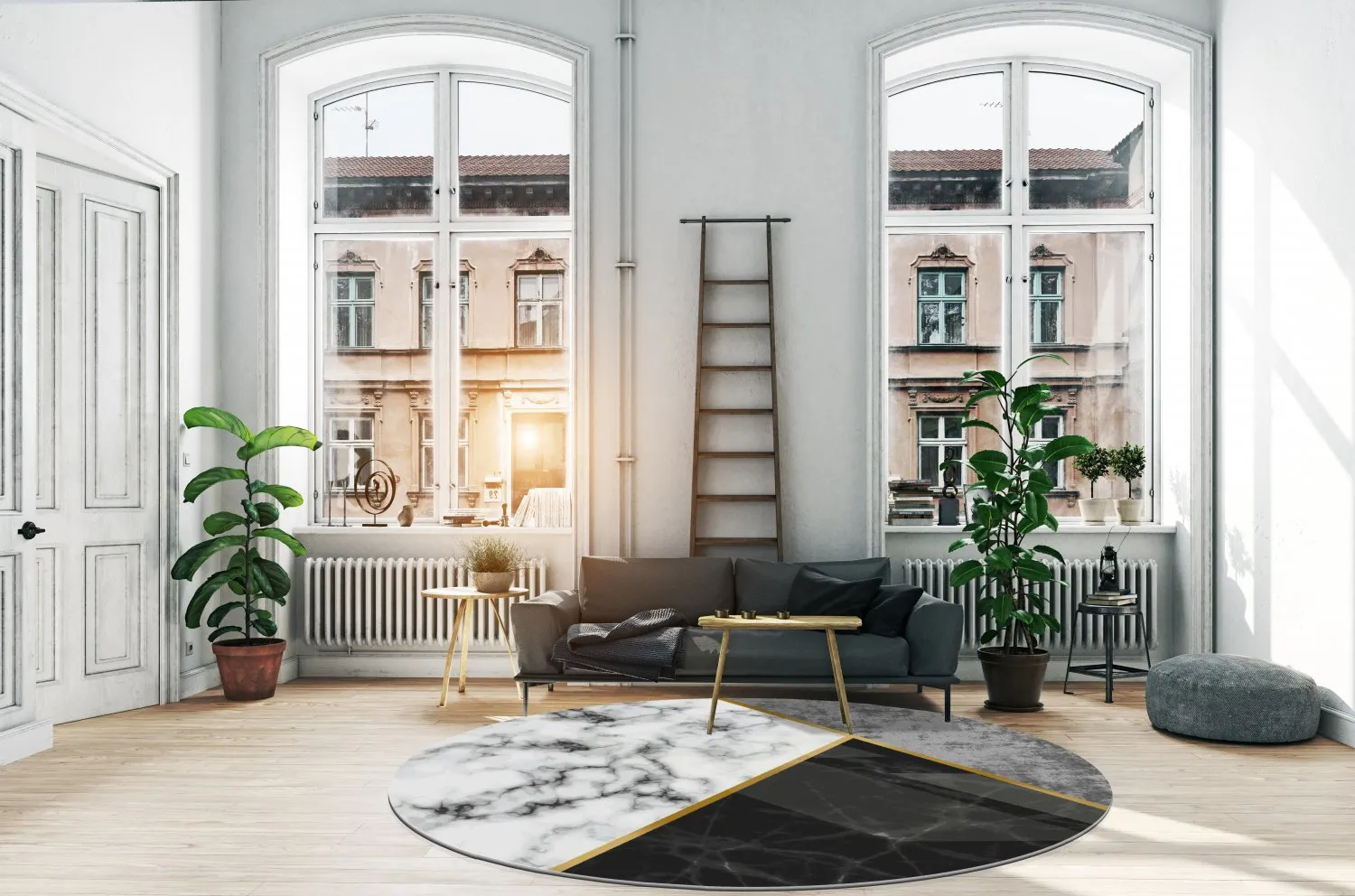 Koberec okrúhly - Savino (čierna/biela/šedá)