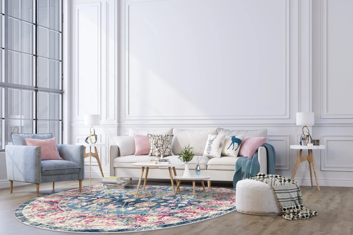 Kruhový koberec - Bouhjar (modrý/rúžový/multicolor)