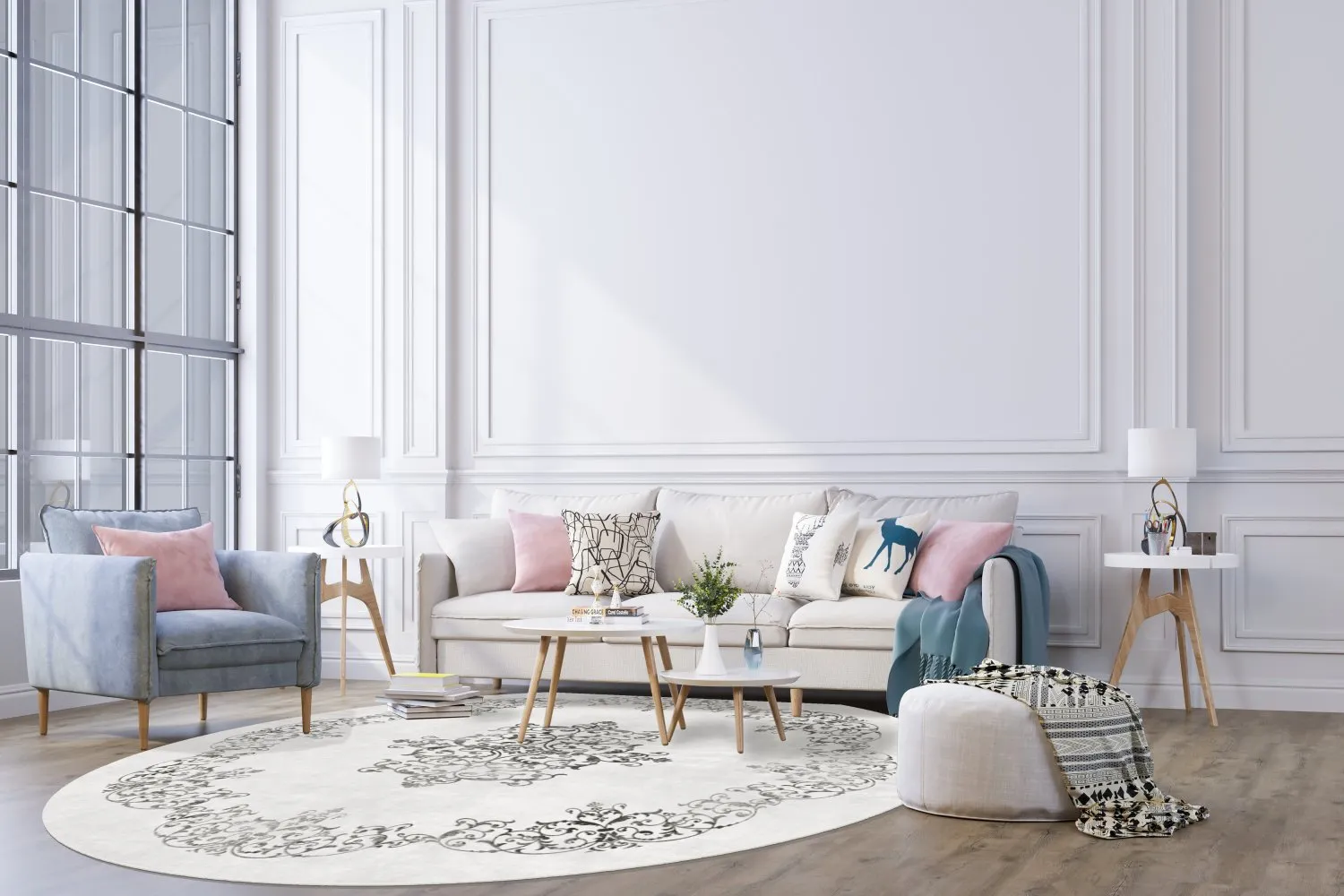 Koberec okrúhly - Santi (biela/čierna)