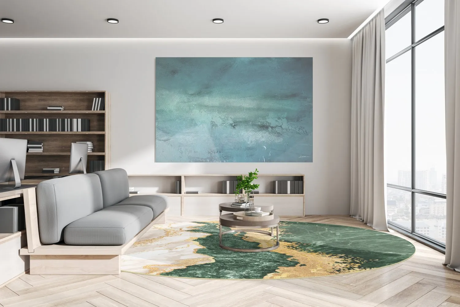 Kruhový koberec - Padova (zelená/biela/zlatá)