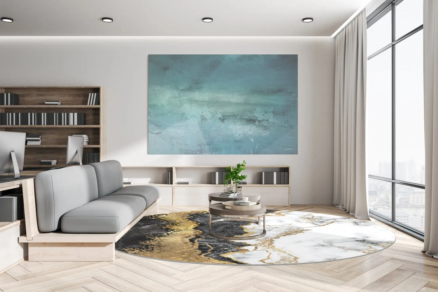 Kruhový koberec - Padova (čierna/biela/zlatá)