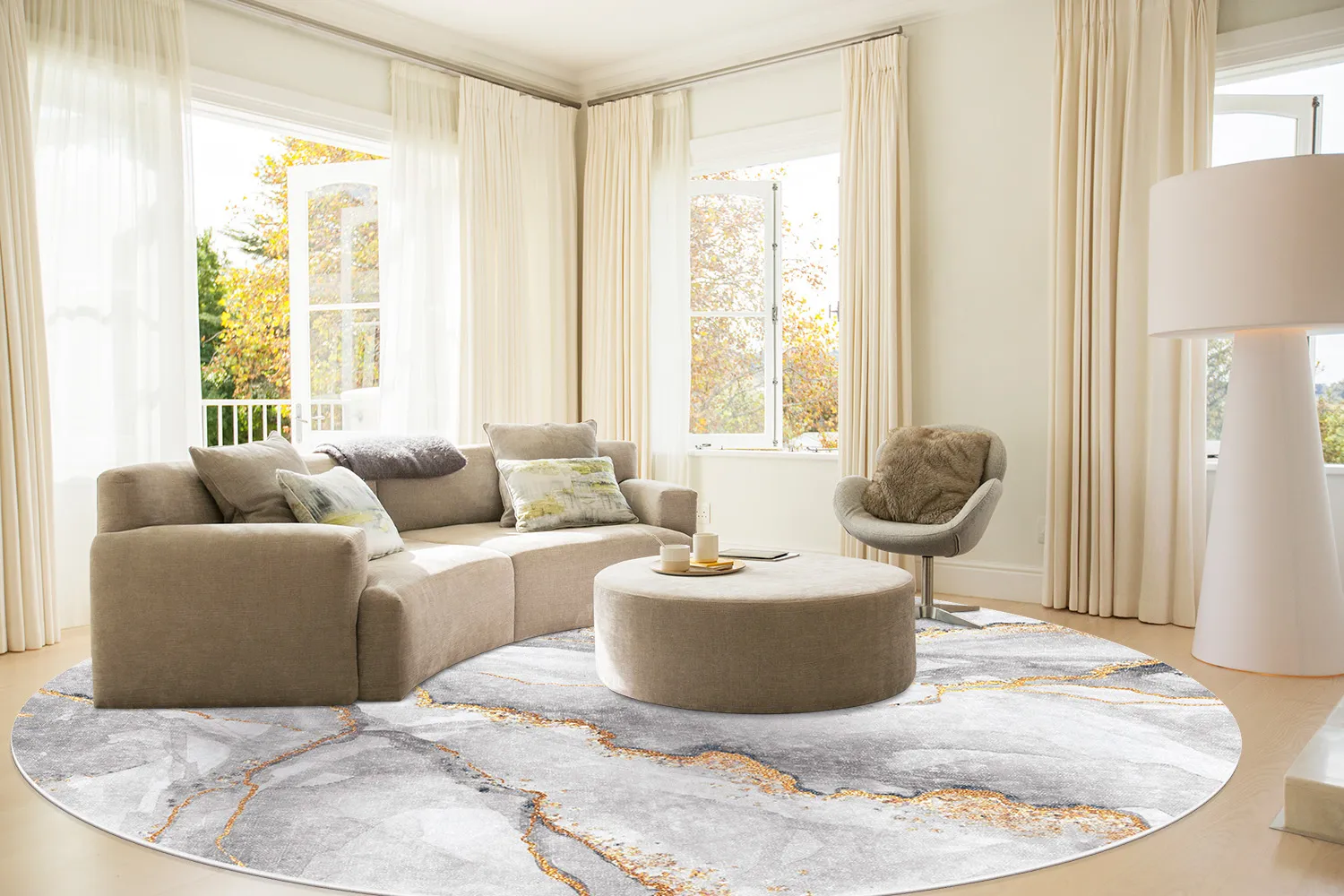 Kruhový koberec - Genova (šedý/biely/zlatý)