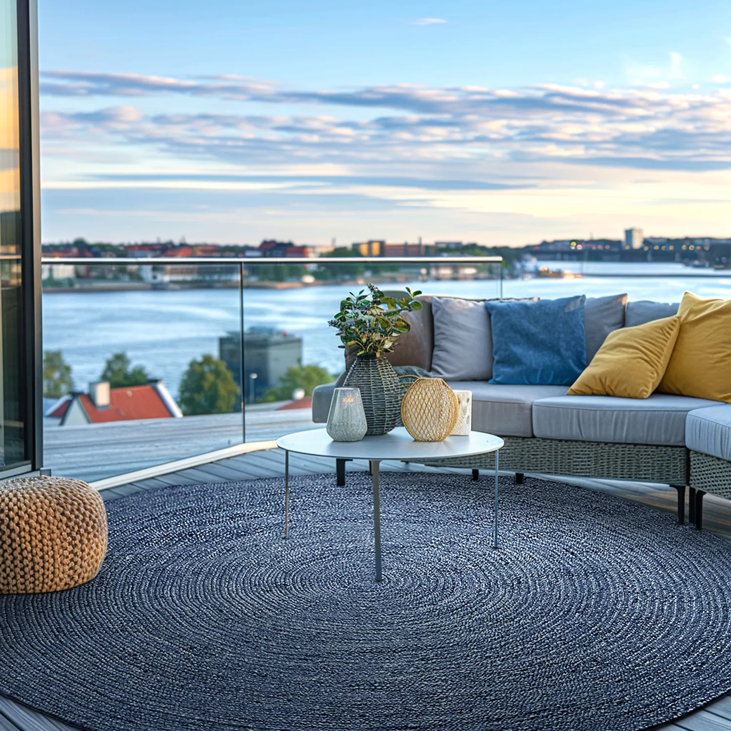 Kruhový jutový koberec - Amasia (modrý)