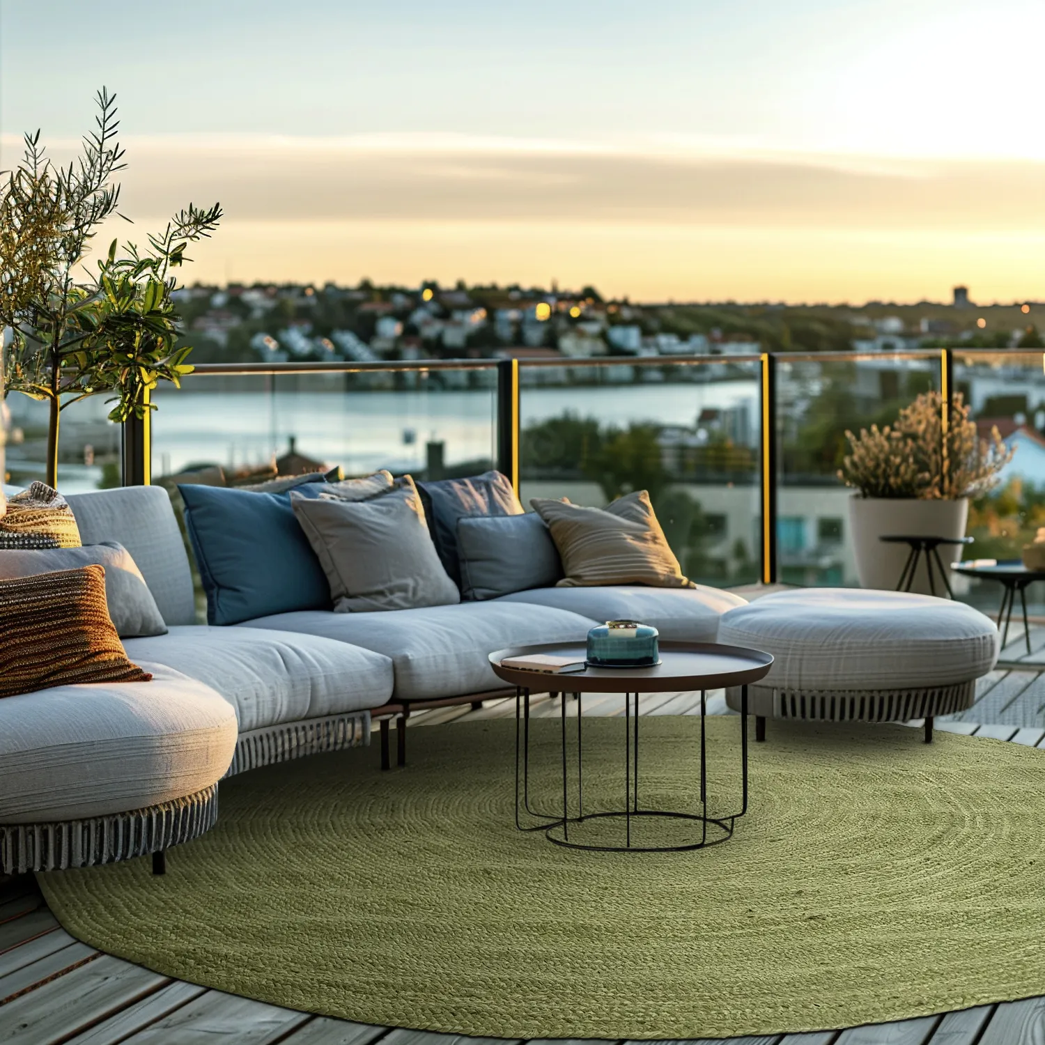 Kruhový jutový koberec - Amasia (olivový)