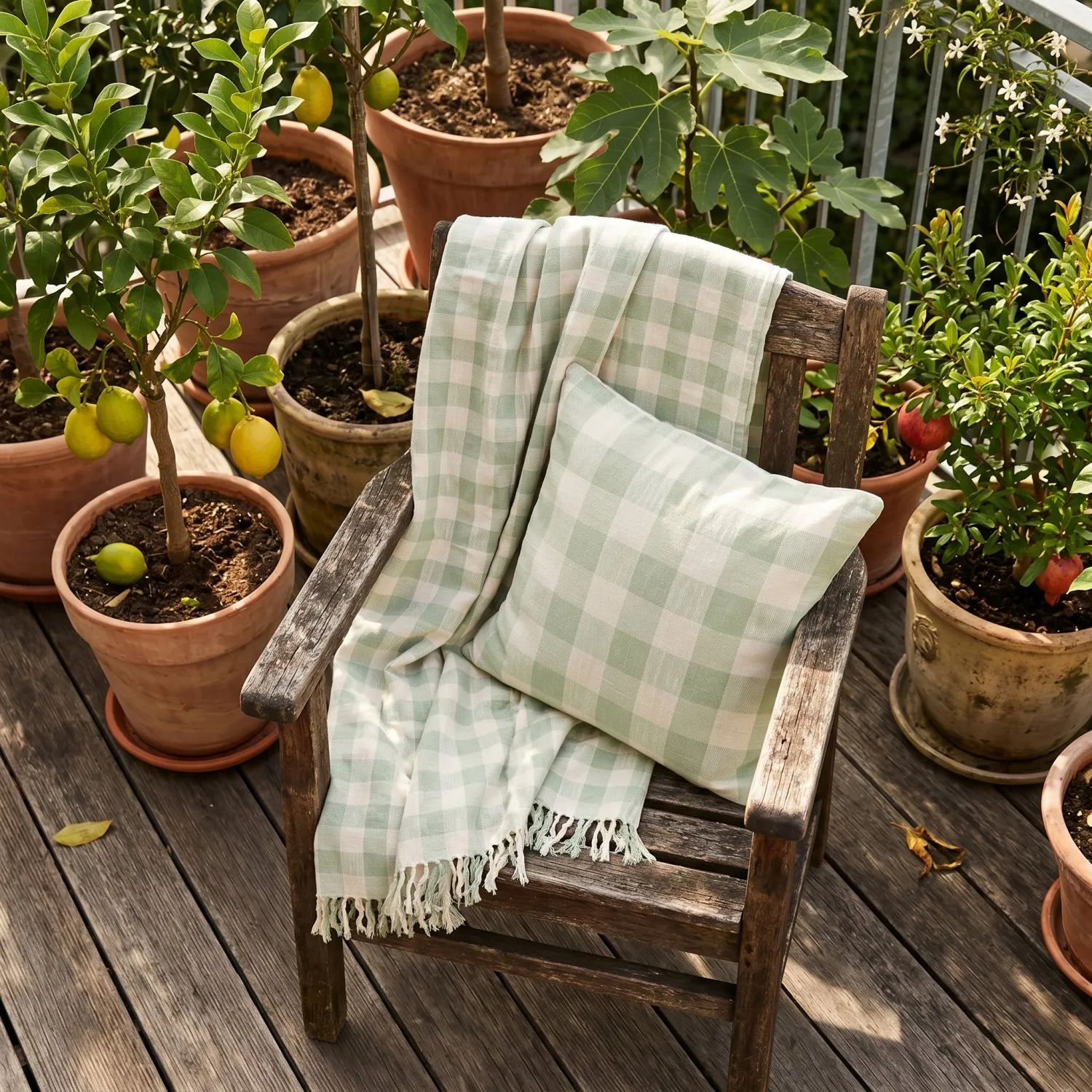 Kuddfodral - Isela check cotton cushion cover (cream/ljusgrön)