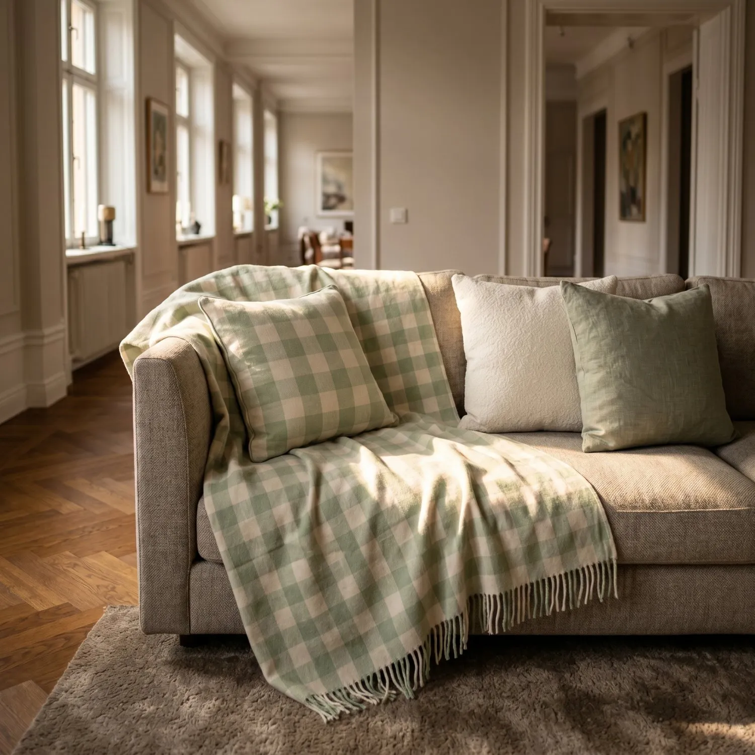Kuddfodral - Isela check cotton cushion cover (cream/ljusgrön)