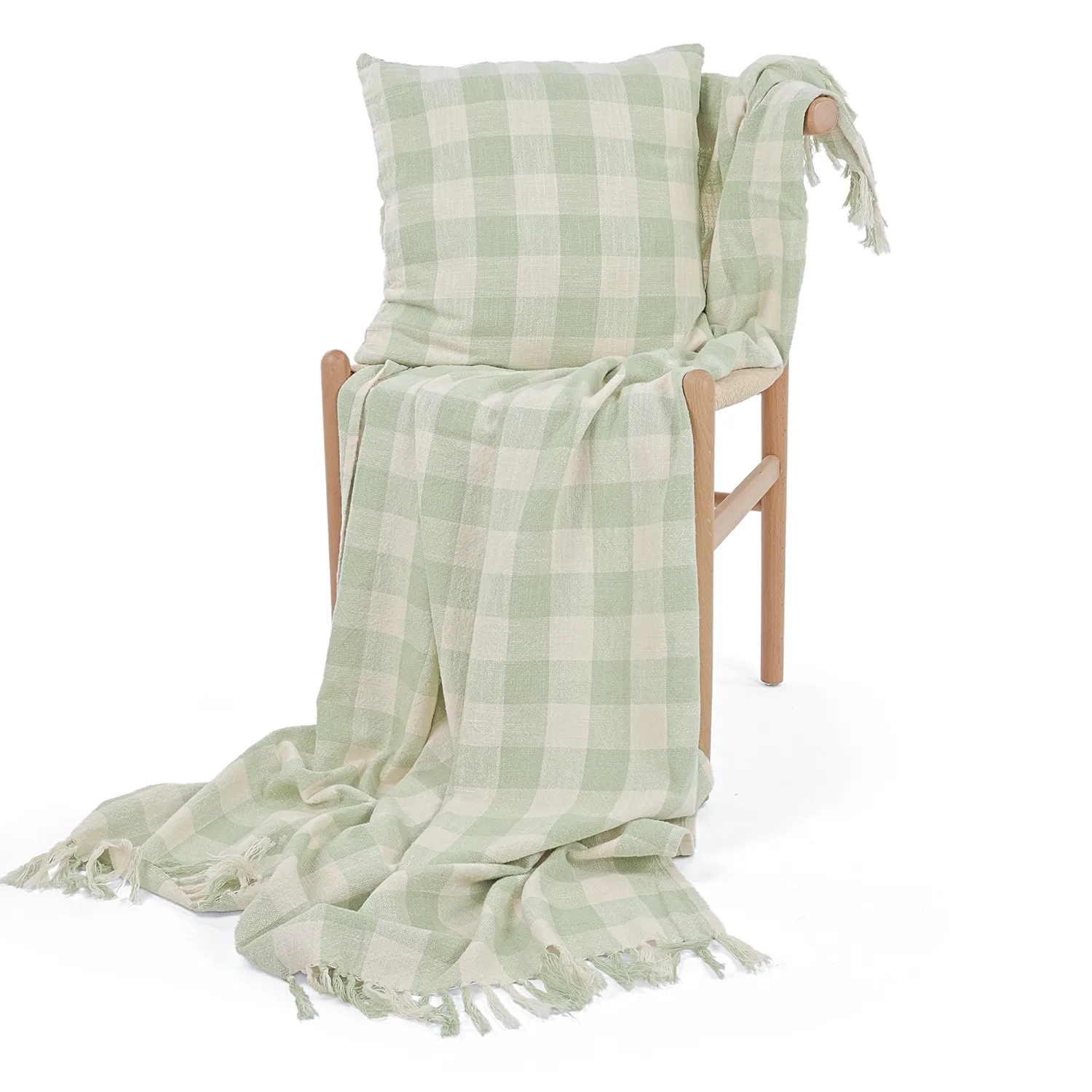 Kuddfodral - Isela check cotton cushion cover (cream/ljusgrön)
