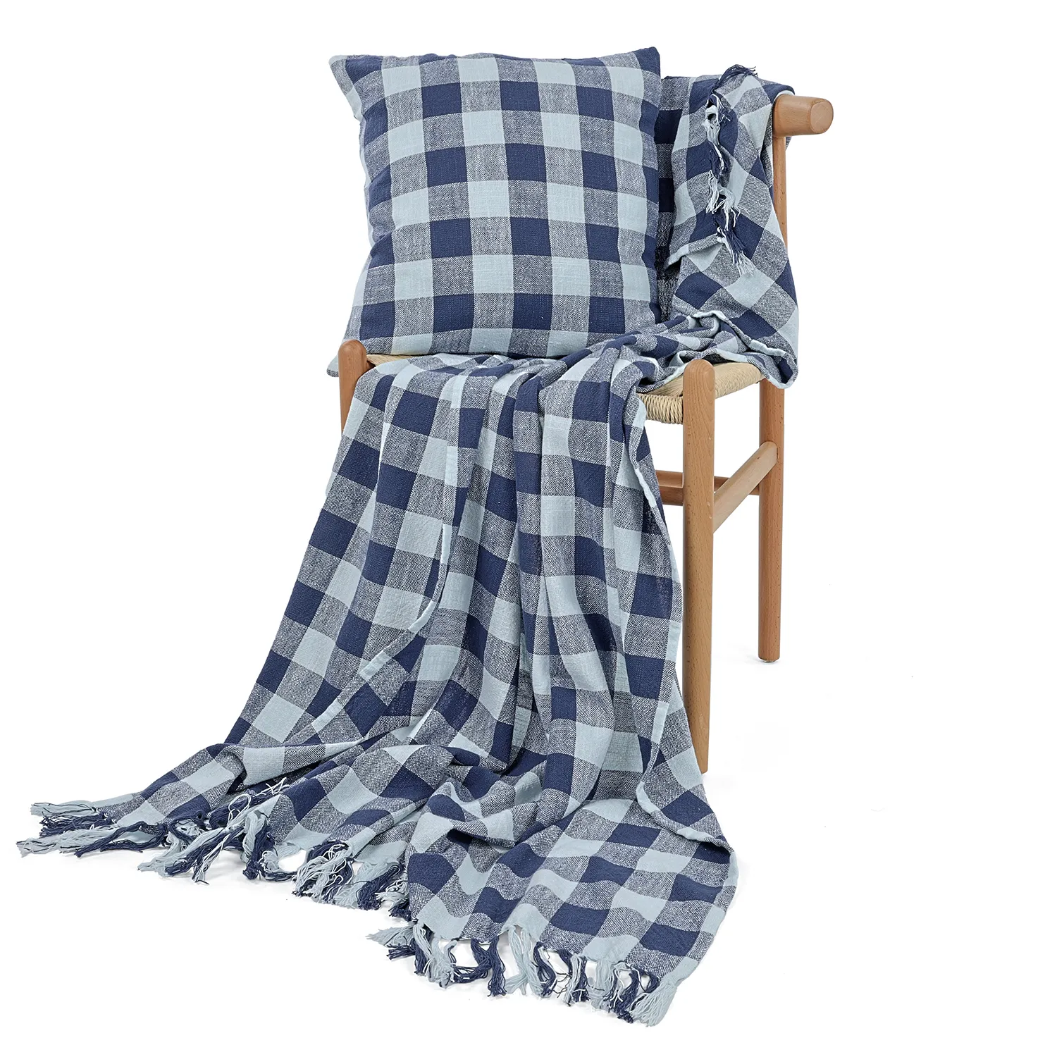 Kuddfodral - Isela check cotton cushion cover (navy/ljusblå)