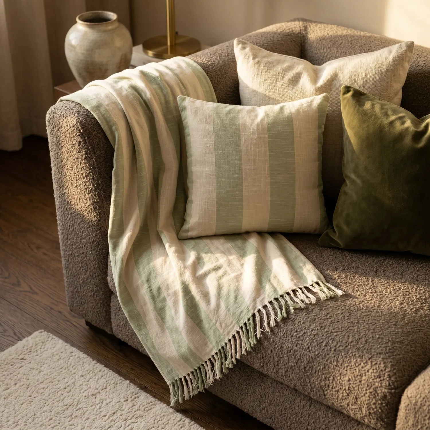 Kuddfodral - Kora stripe cotton cushion cover (cream/ljusgrön)