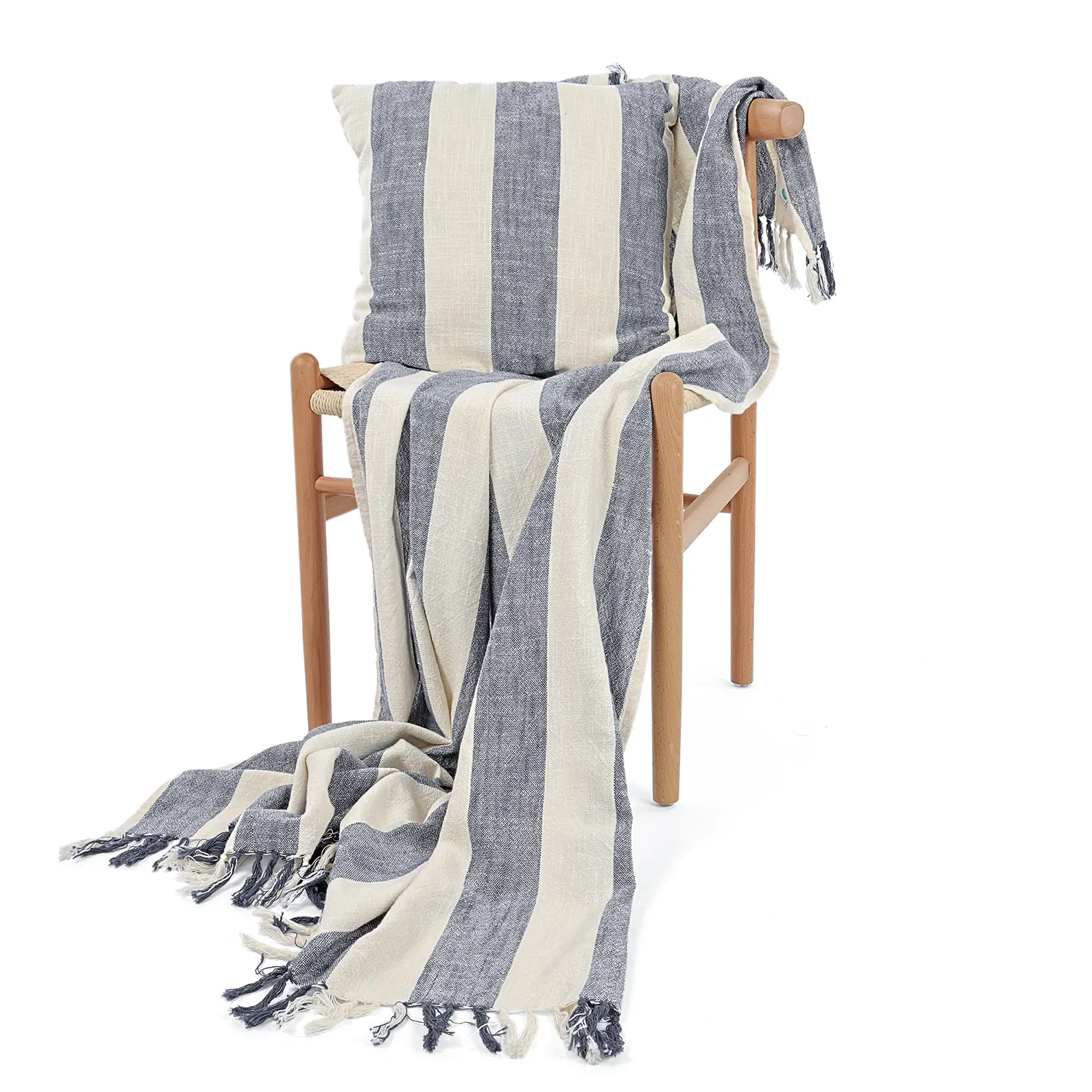 Kuddfodral - Kora stripe cotton cushion cover (cream/navy)