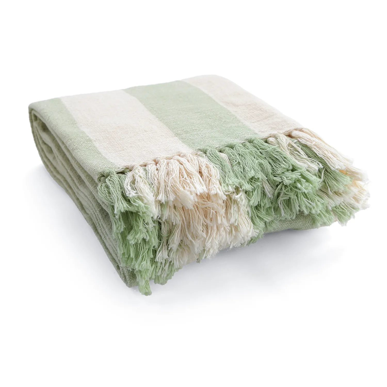 Filtar - Kora stripe cotton throw (cream/ljusgrön)