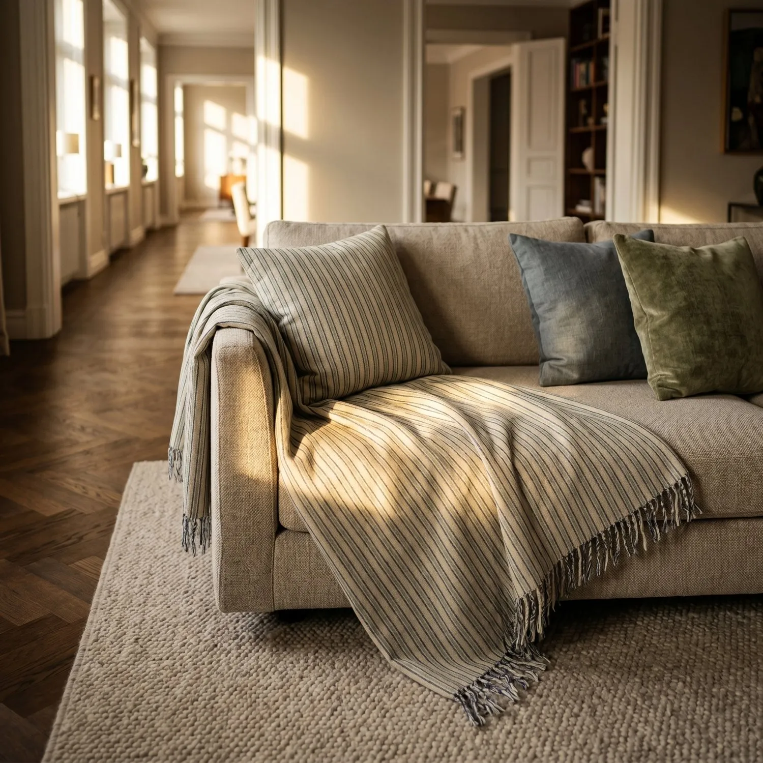 Kuddfodral - Rumi stripe cotton cushion cover (cream/navy/ljusgrön)