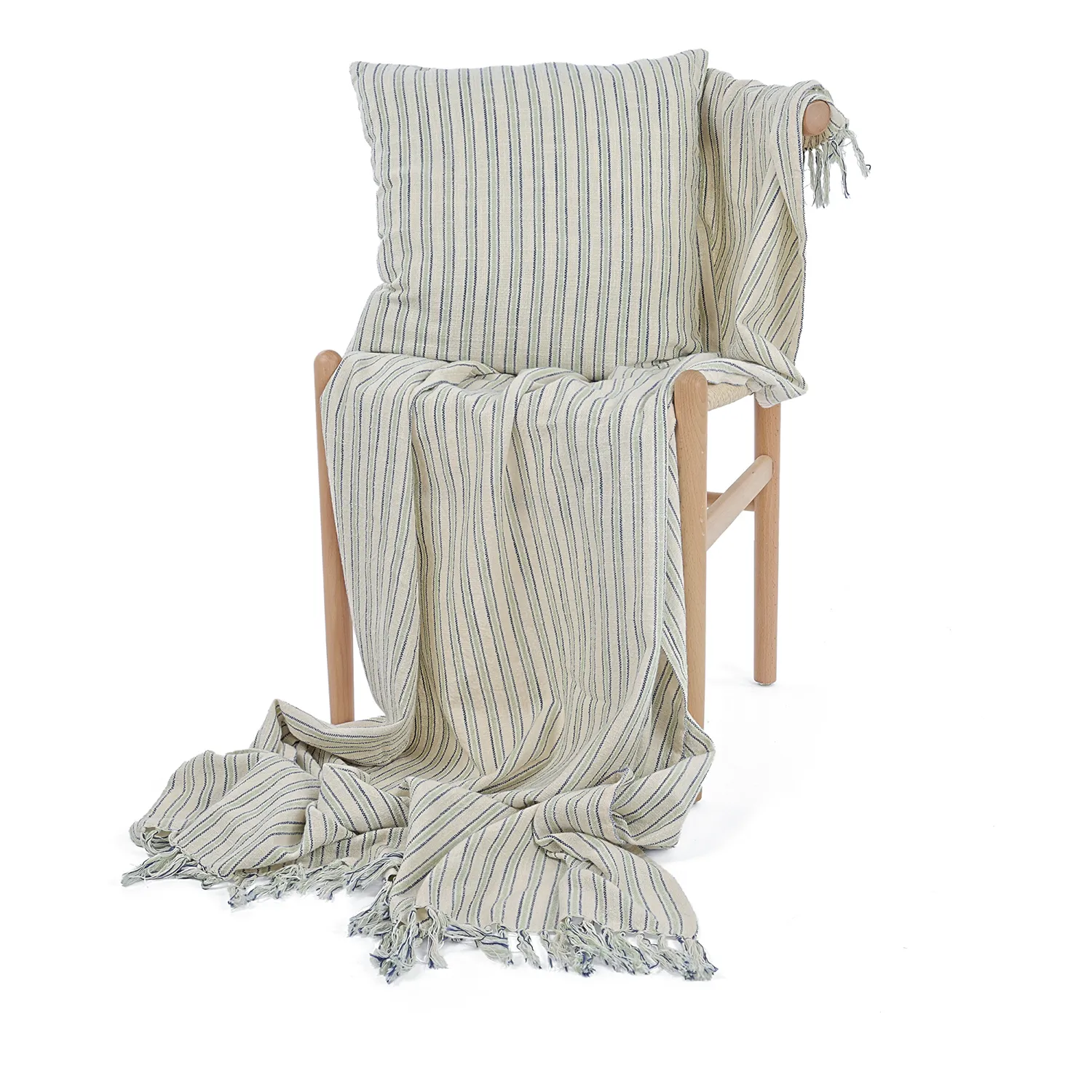 Kuddfodral - Rumi stripe cotton cushion cover (cream/navy/ljusgrön)