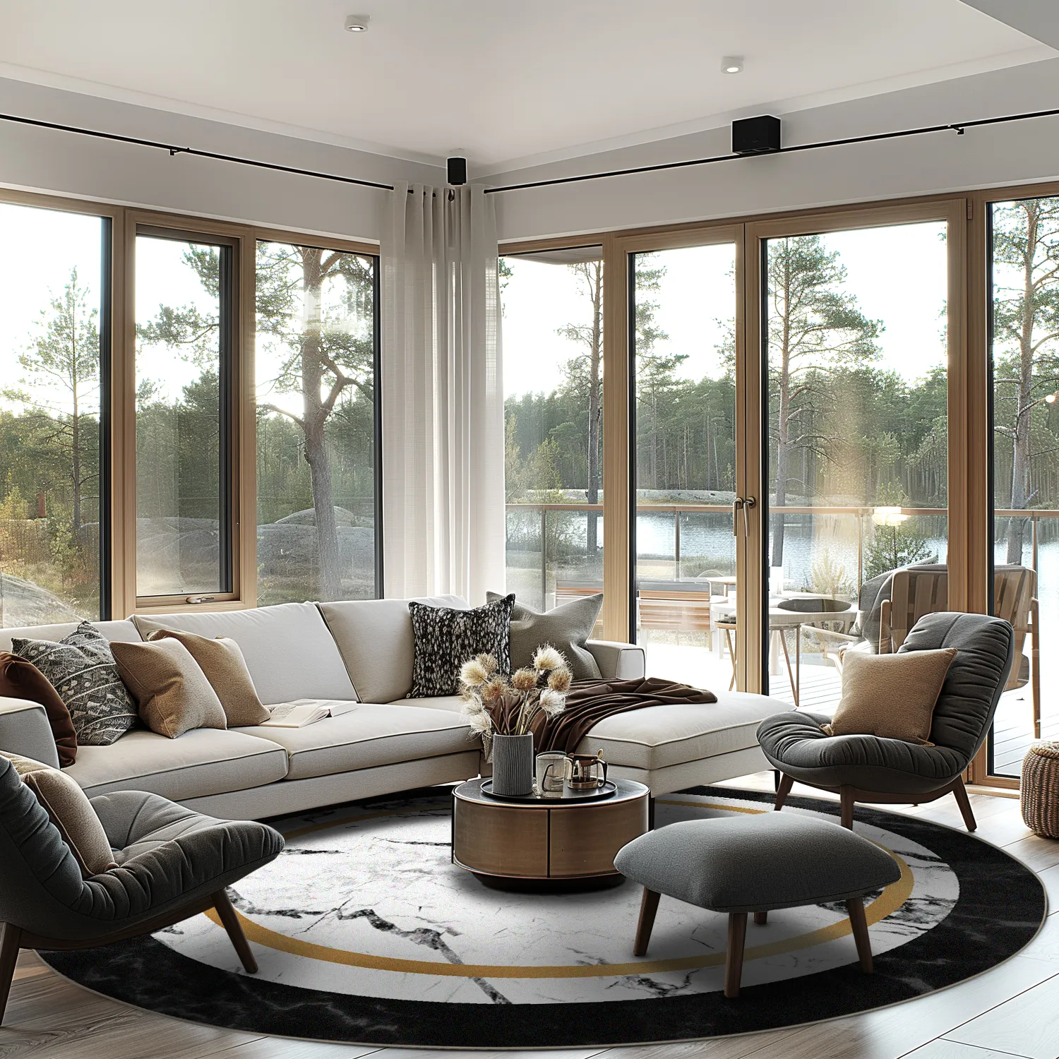 Kruhový koberec - Avola (čierna/biela/zlatá)