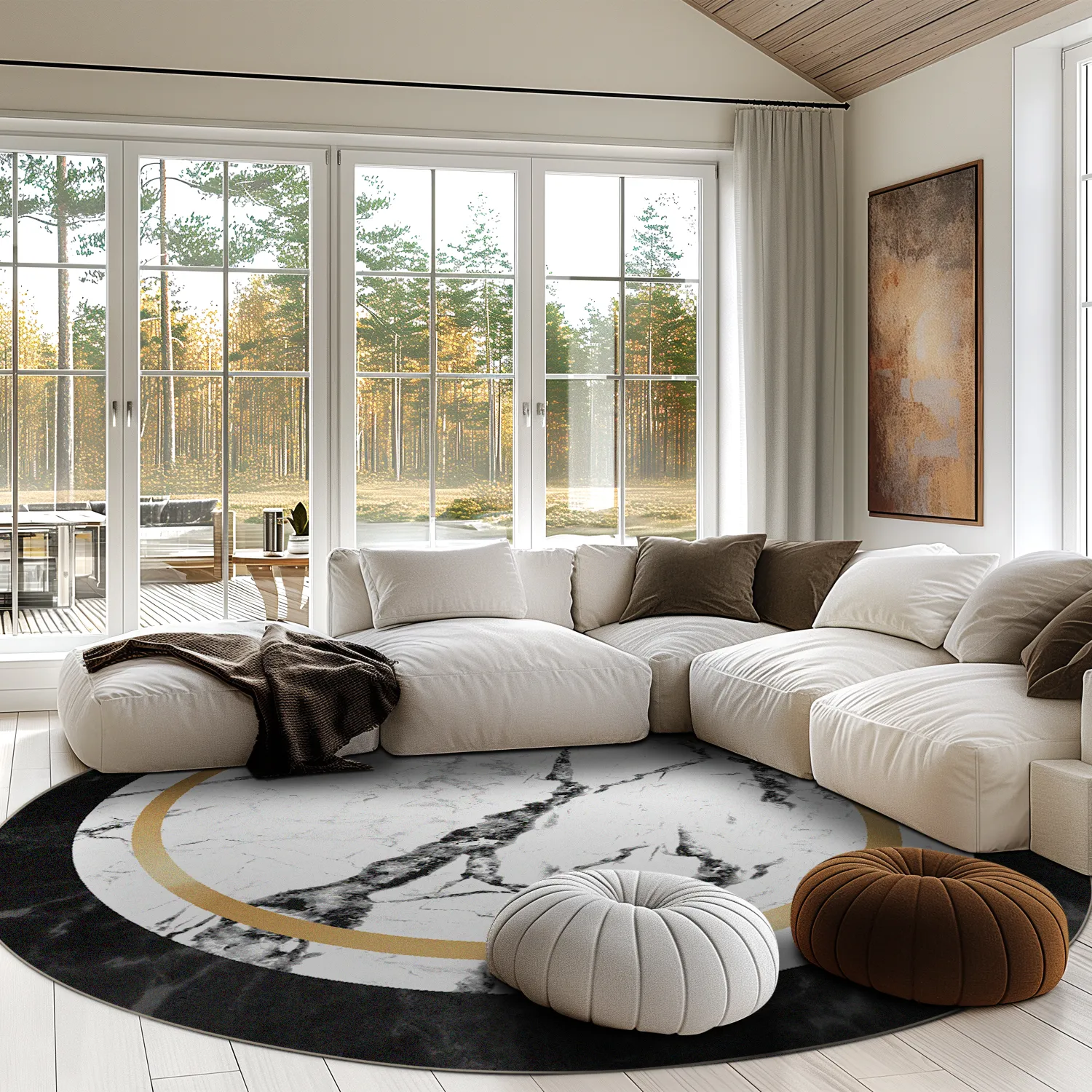 Kruhový koberec - Avola (čierna/biela/zlatá)