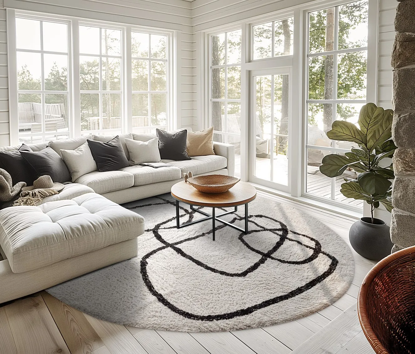 Kolo koberce - Bavello Natural Cotton Shaggy (offwhite/preto)