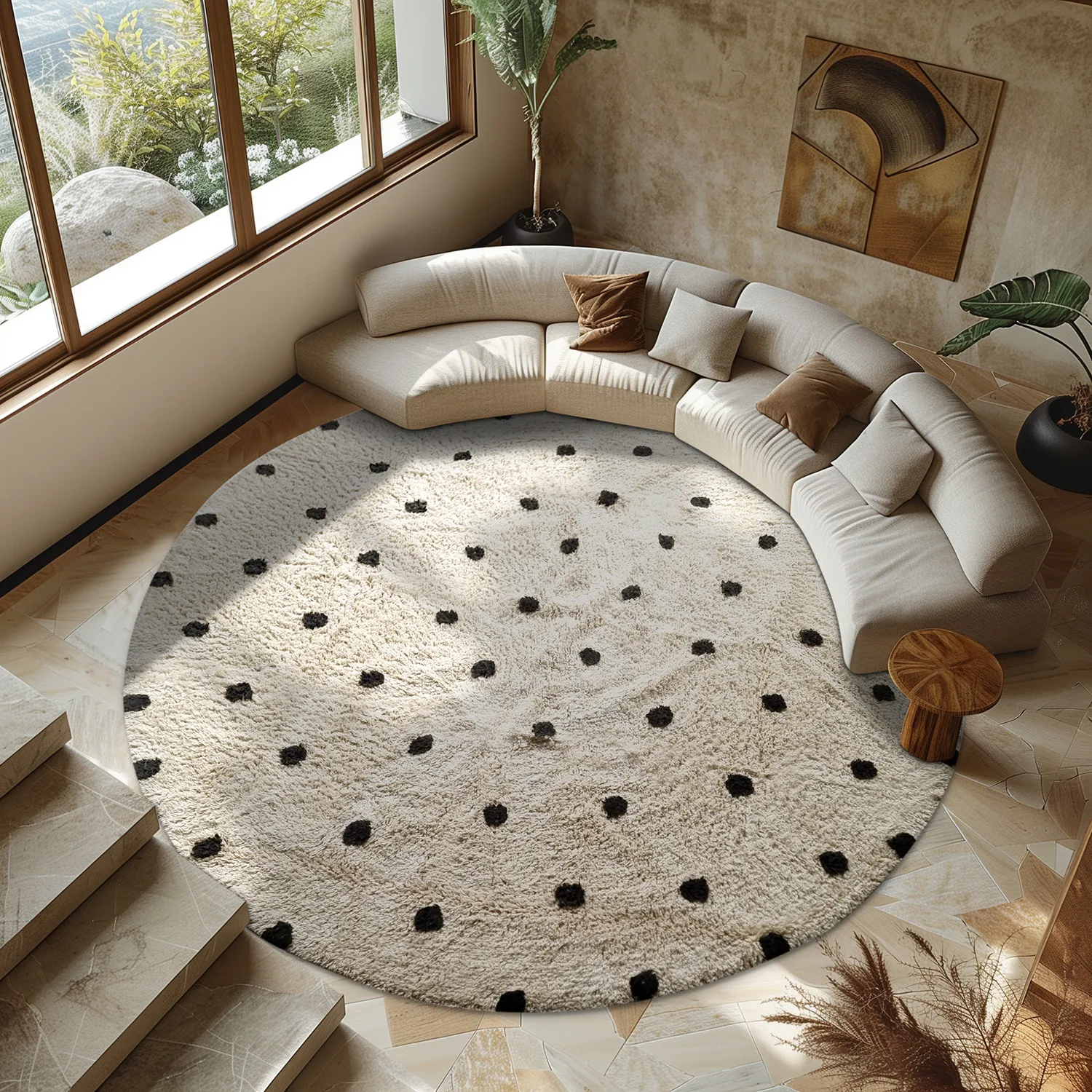 Kolo koberce - Belle Natural Cotton Shaggy (offwhite/preto)