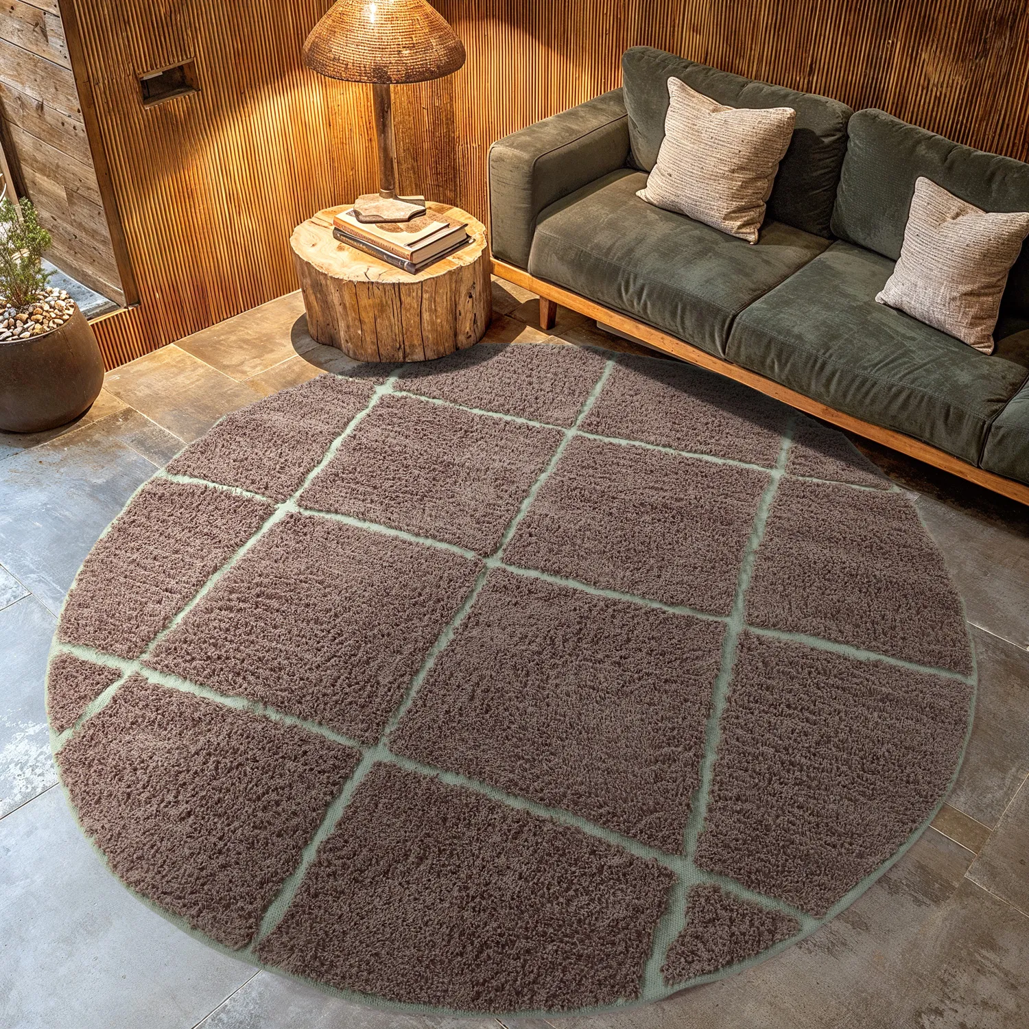 Kolo koberce - Bellevue Natural Cotton Shaggy (taupe/zelená)