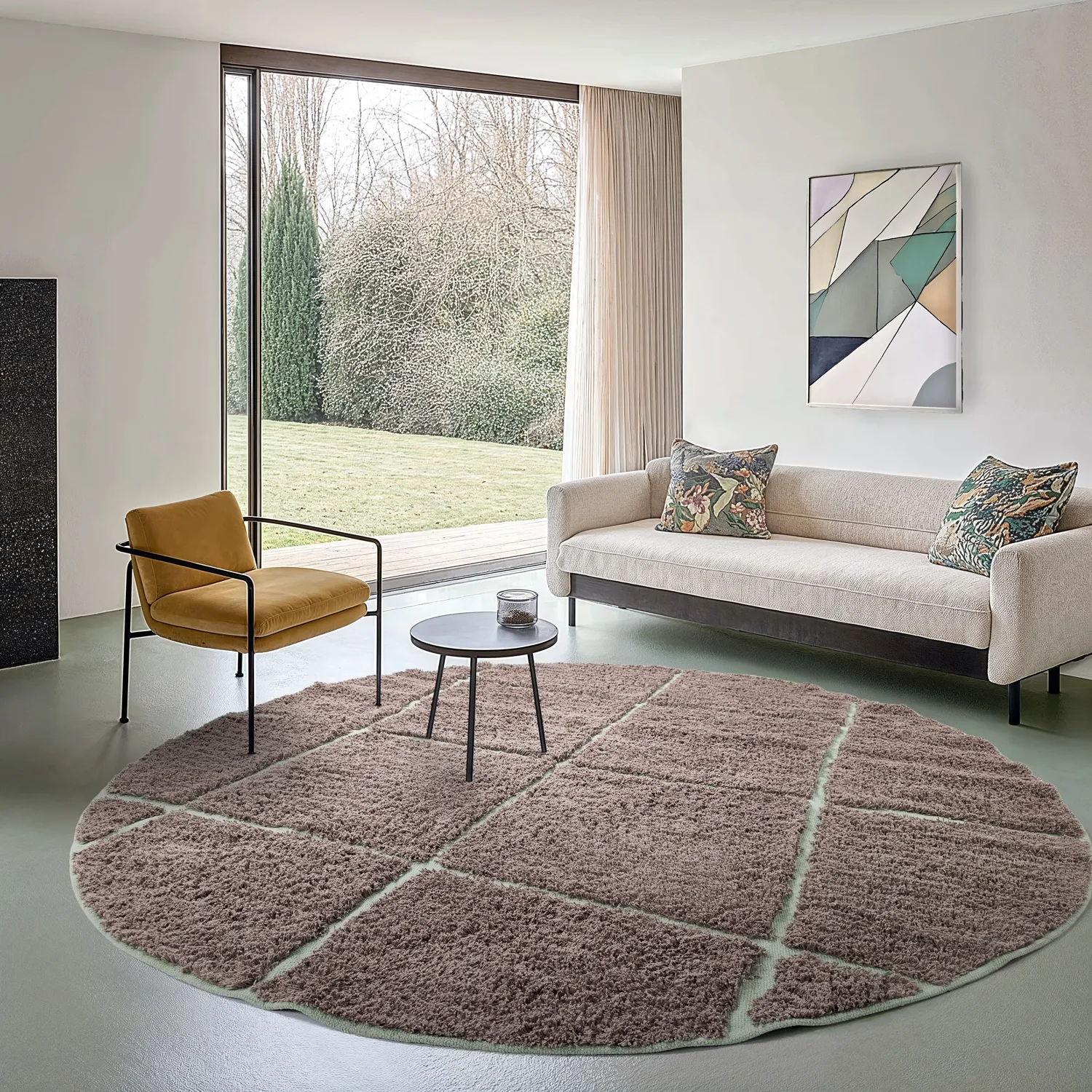 Kolo koberce - Bellevue Natural Cotton Shaggy (taupe/zelená)