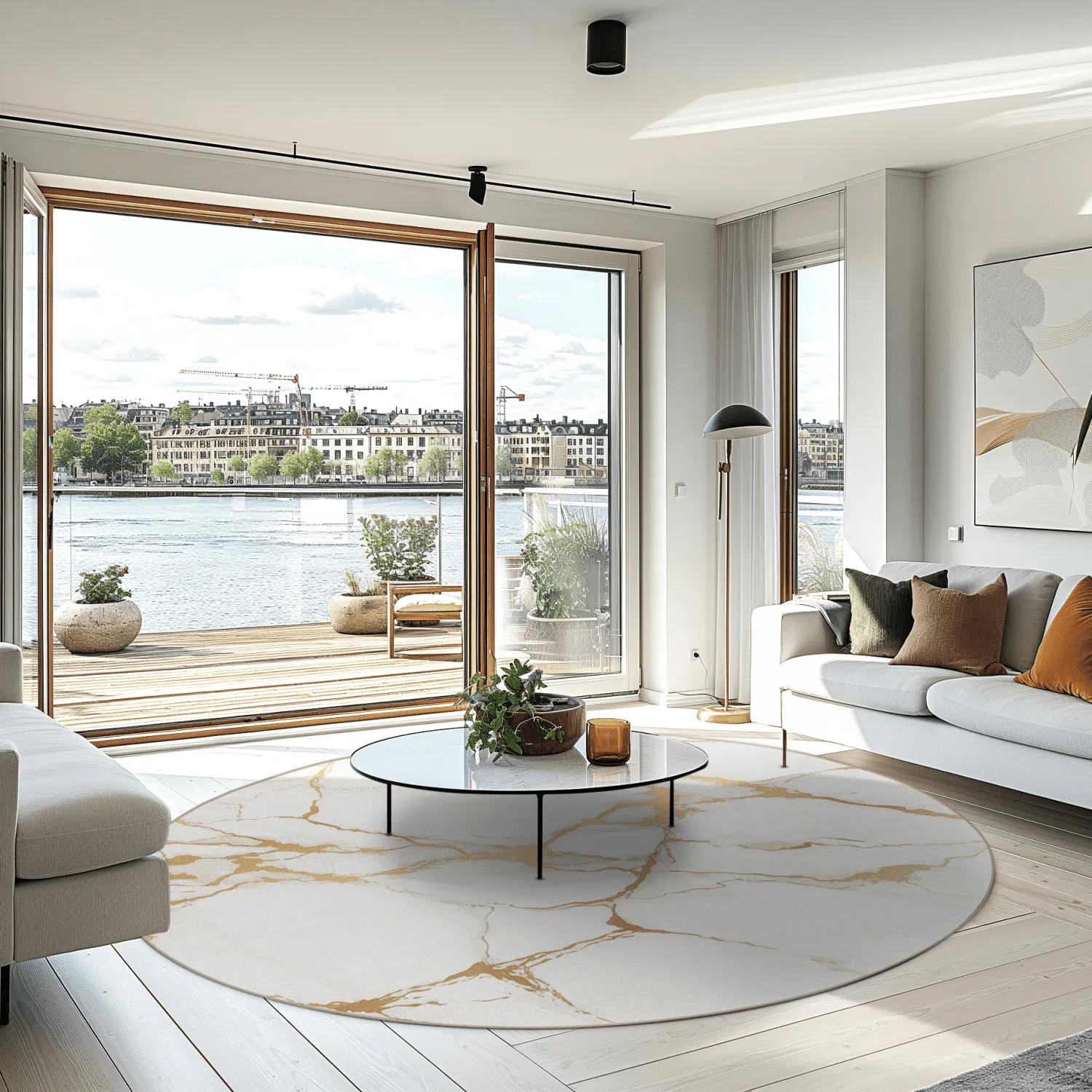 Kruhový koberec - Cesina (kameň/biely/zlatý)