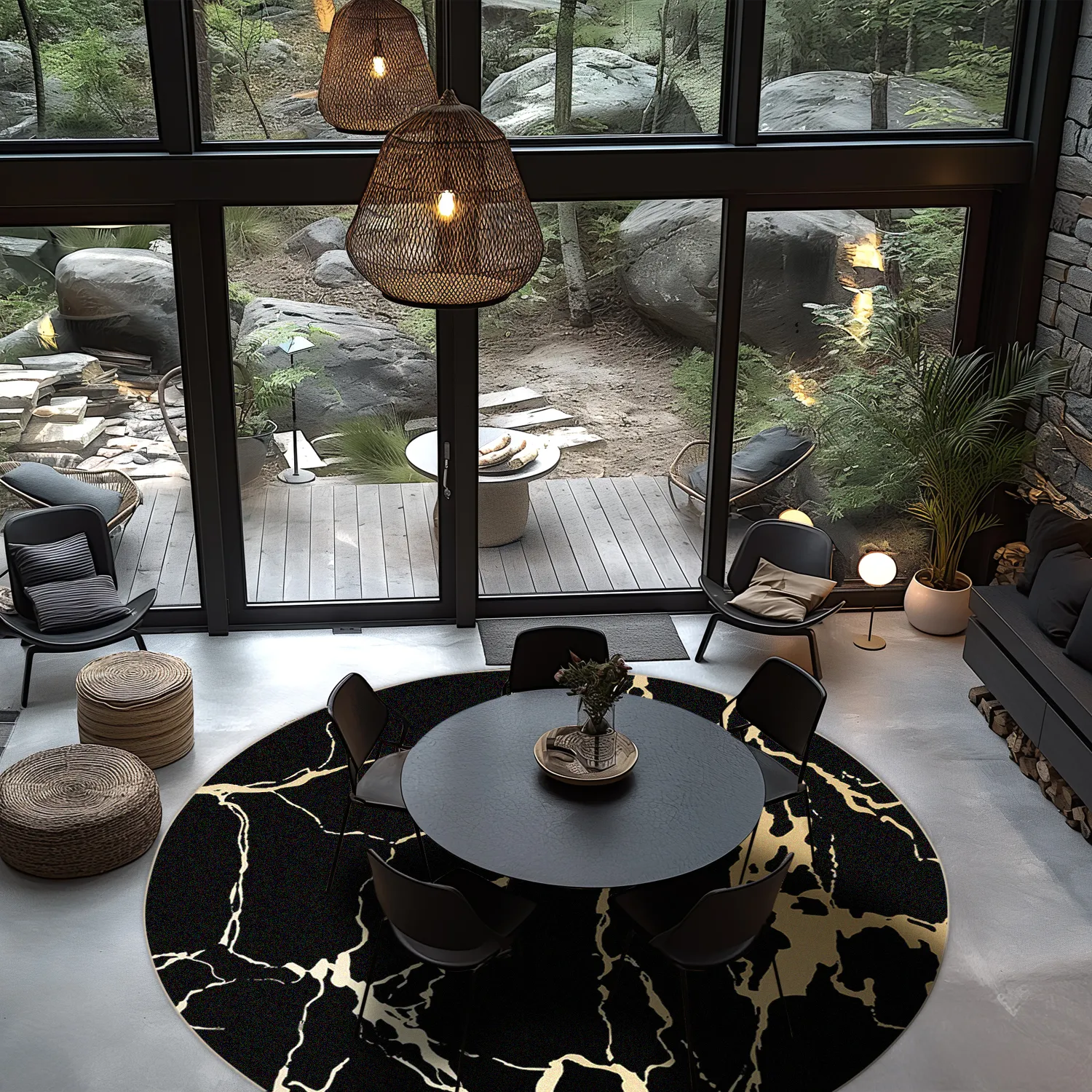 Kruhový koberec - Cesina (čierna/zlatá)