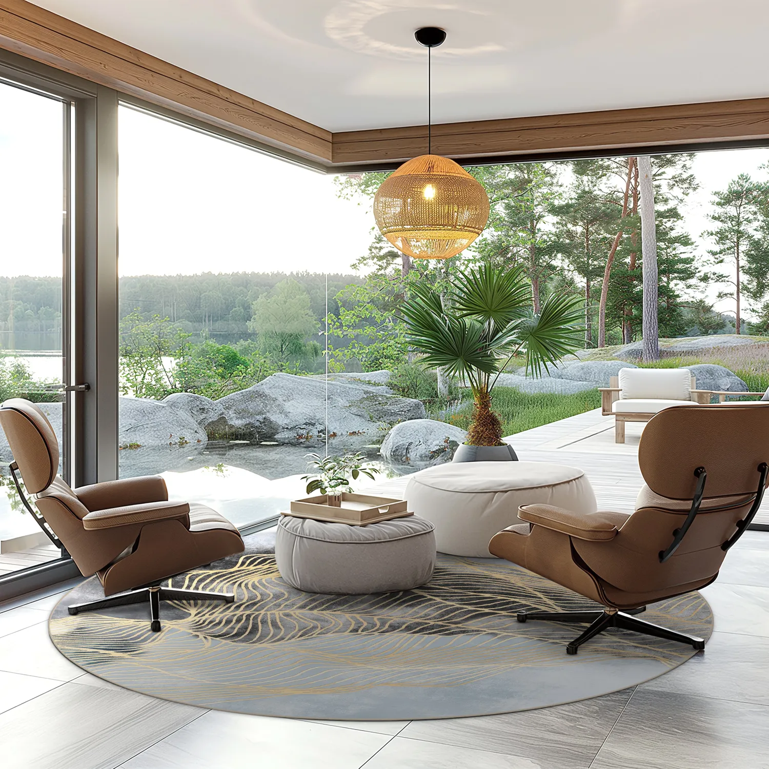 Kruhový koberec - Ekual (modro/sivý/zlatý)