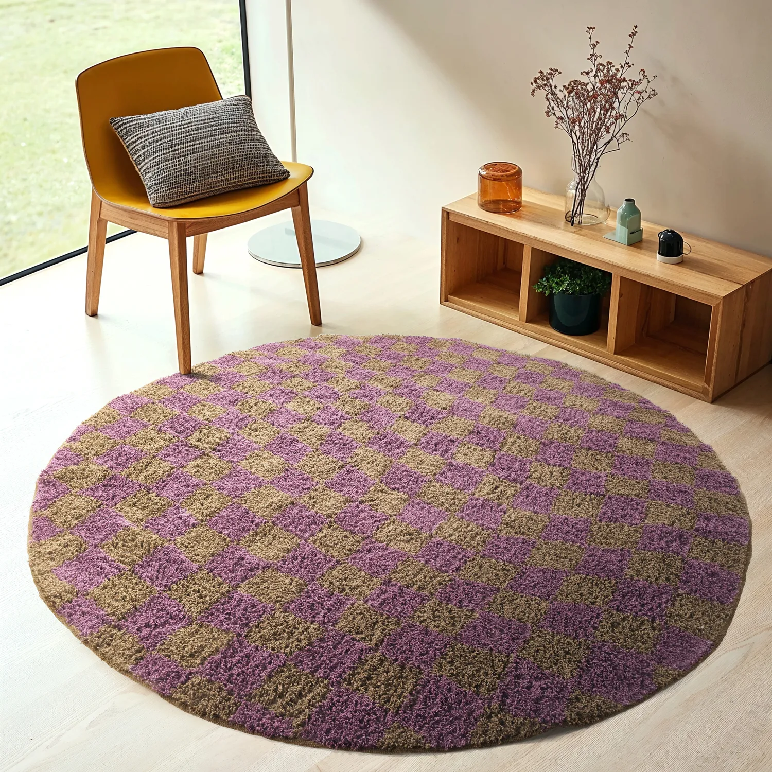 Kolo koberce - Elsey Natural Cotton Shaggy (hnedá/fialová)