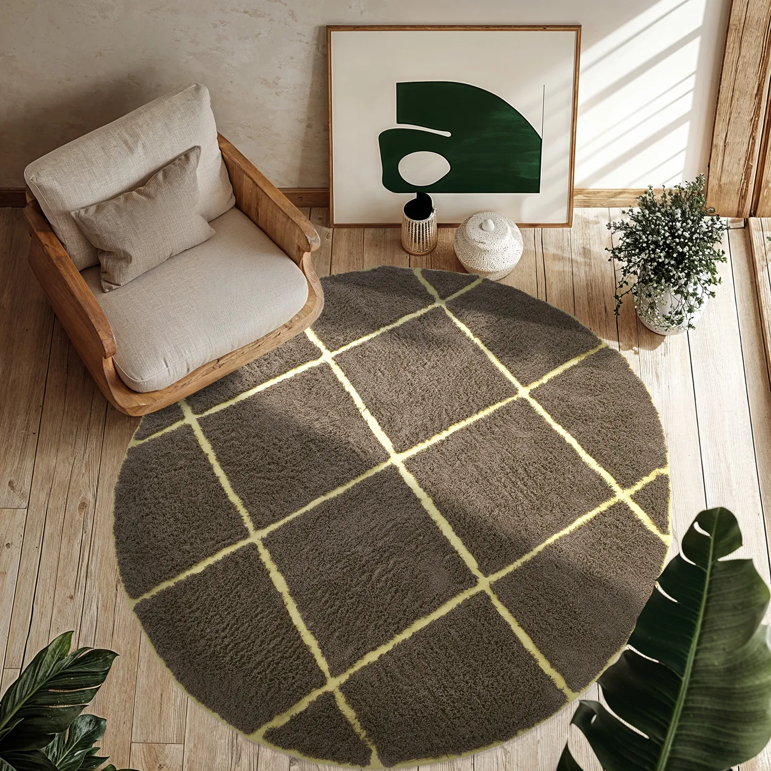 Kolo koberce - Bellevue Natural Cotton Shaggy (hnedá/žltá)