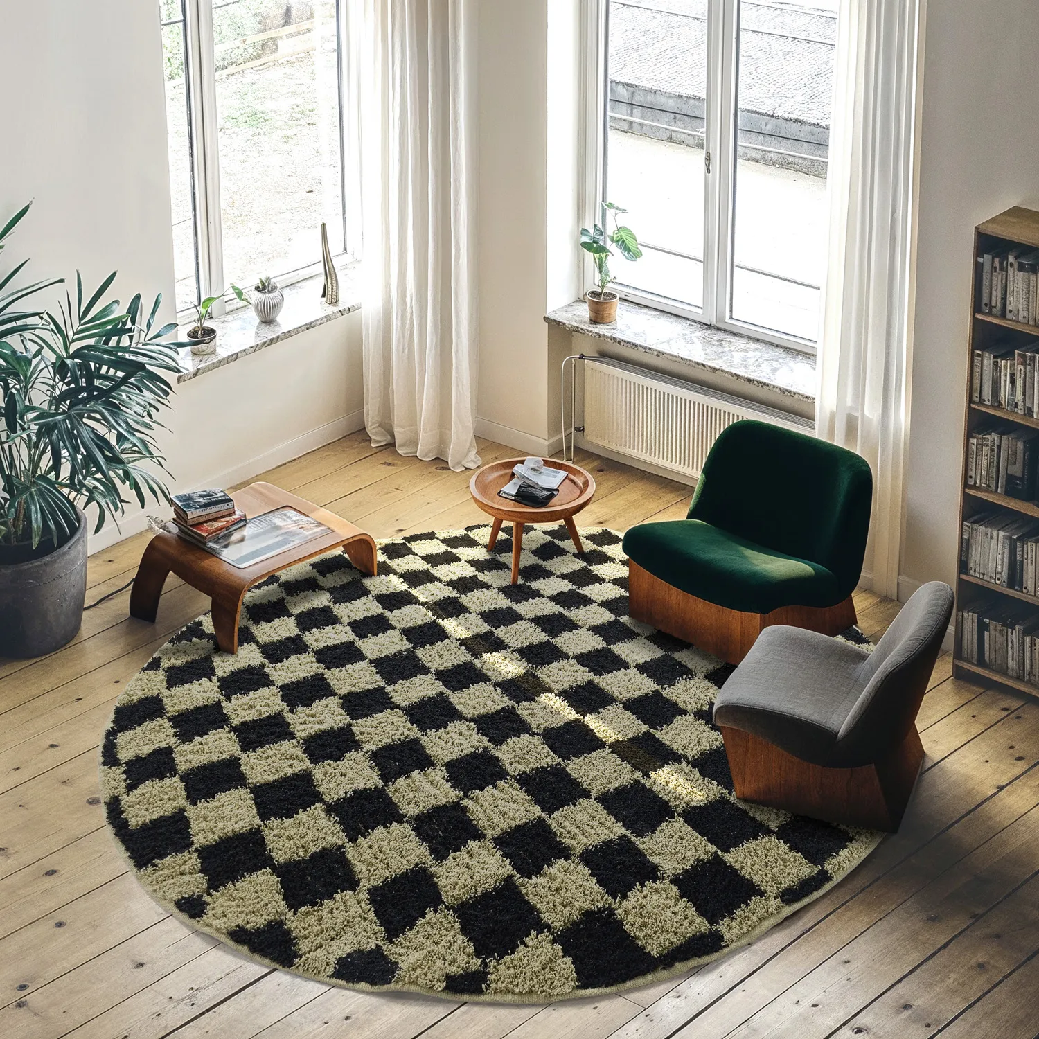 Kolo koberce - Elsey Natural Cotton Shaggy (čierna/bežová)