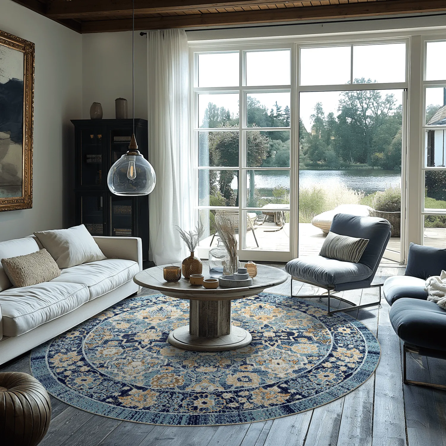 Kruhový koberec - Fernana (modrá/multikolórová)