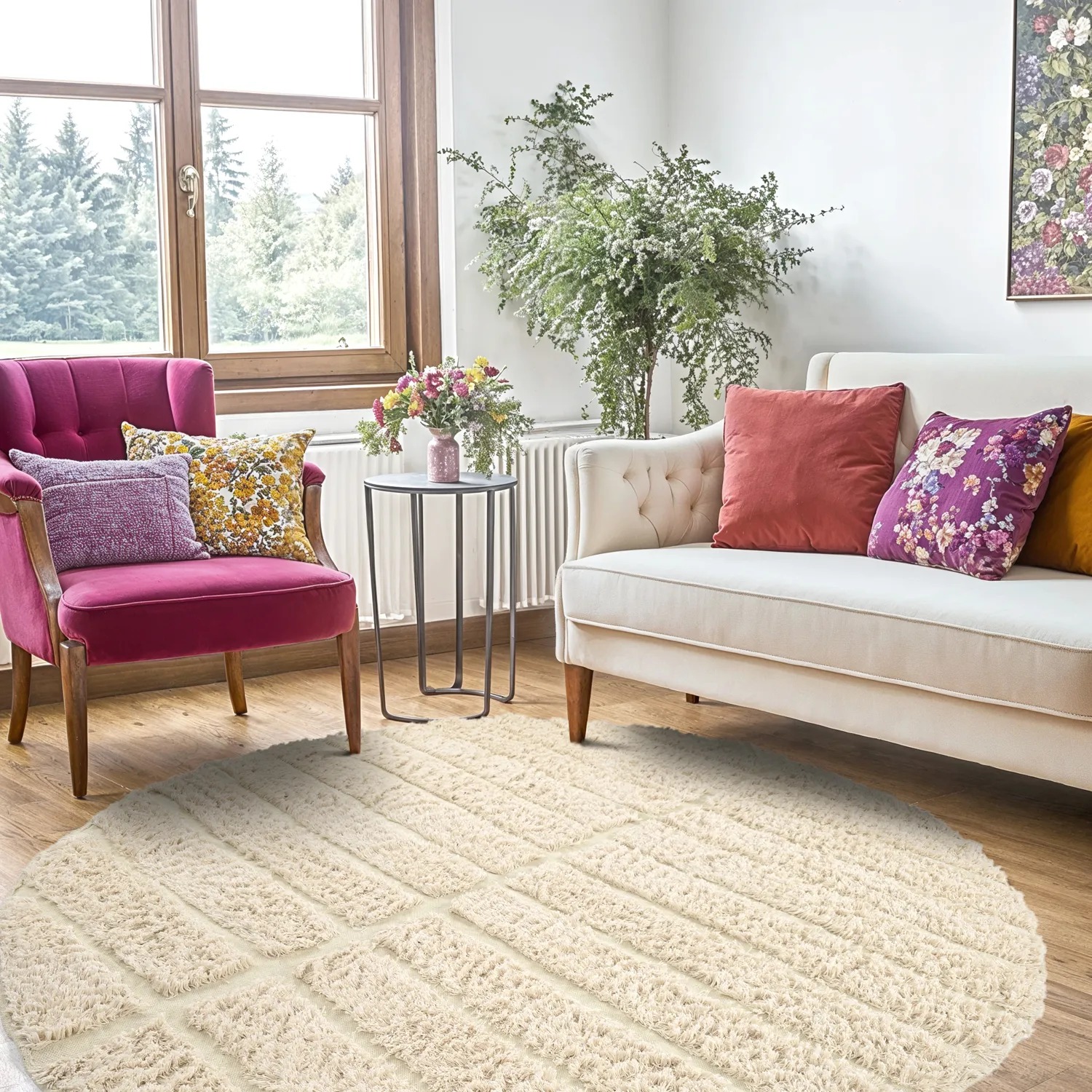 Kruhový koberec - Ikara Natural Cotton Shaggy (krémová)