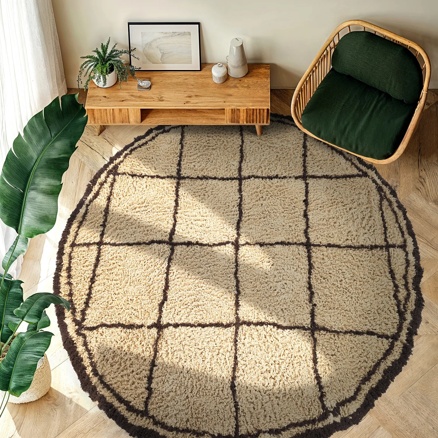 Kruhový koberec - Lana Natural Cotton Shaggy (béžová/hnedá)