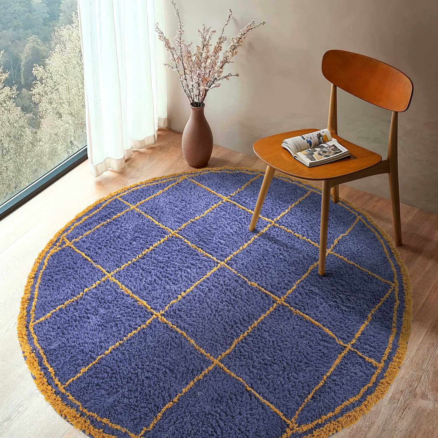 Kolo koberce - Lana Natural Cotton Shaggy (modrá/žltá)