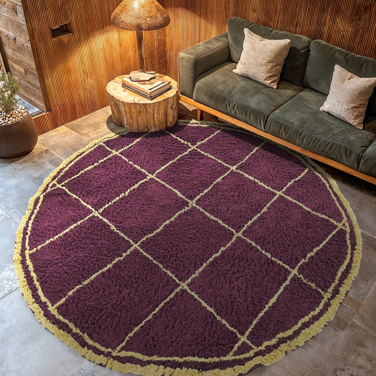 Kruhový koberec - Lana Natural Cotton Shaggy (bordó/žltá)