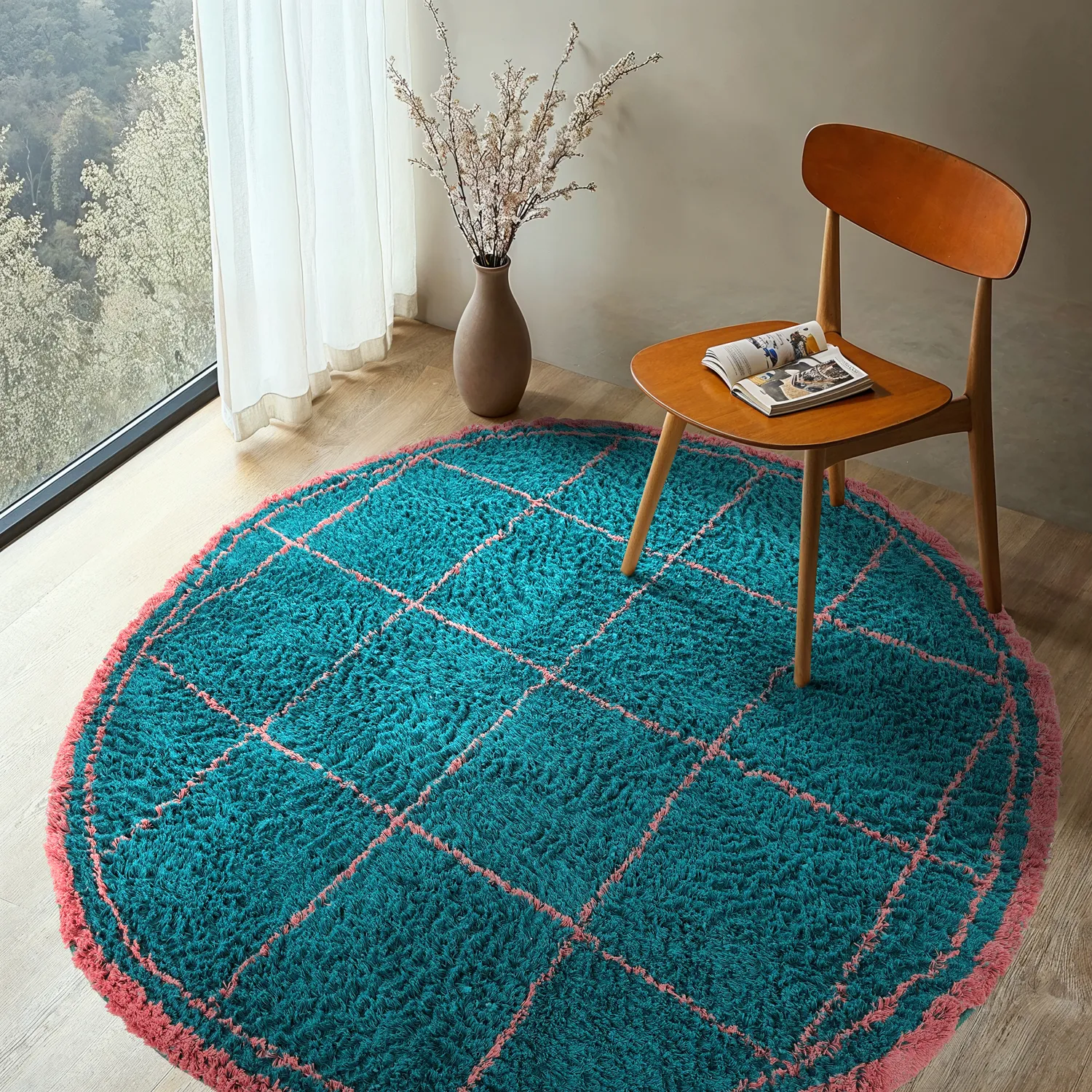 Kolo koberce - Lana Natural Cotton Shaggy (tyrkysová/ružová)