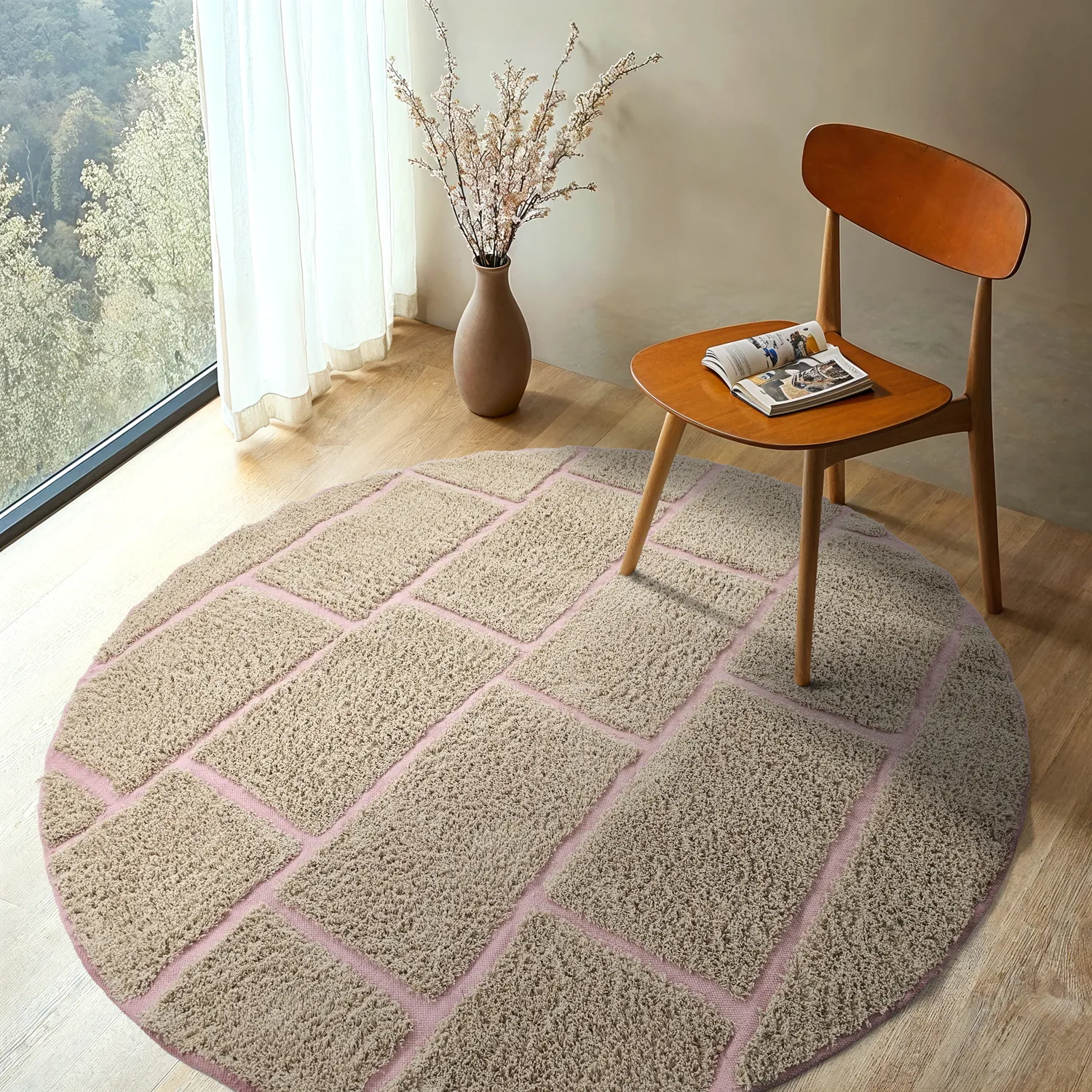 Kolo koberce - Lindley Natural Cotton Shaggy (béžová/ružová)