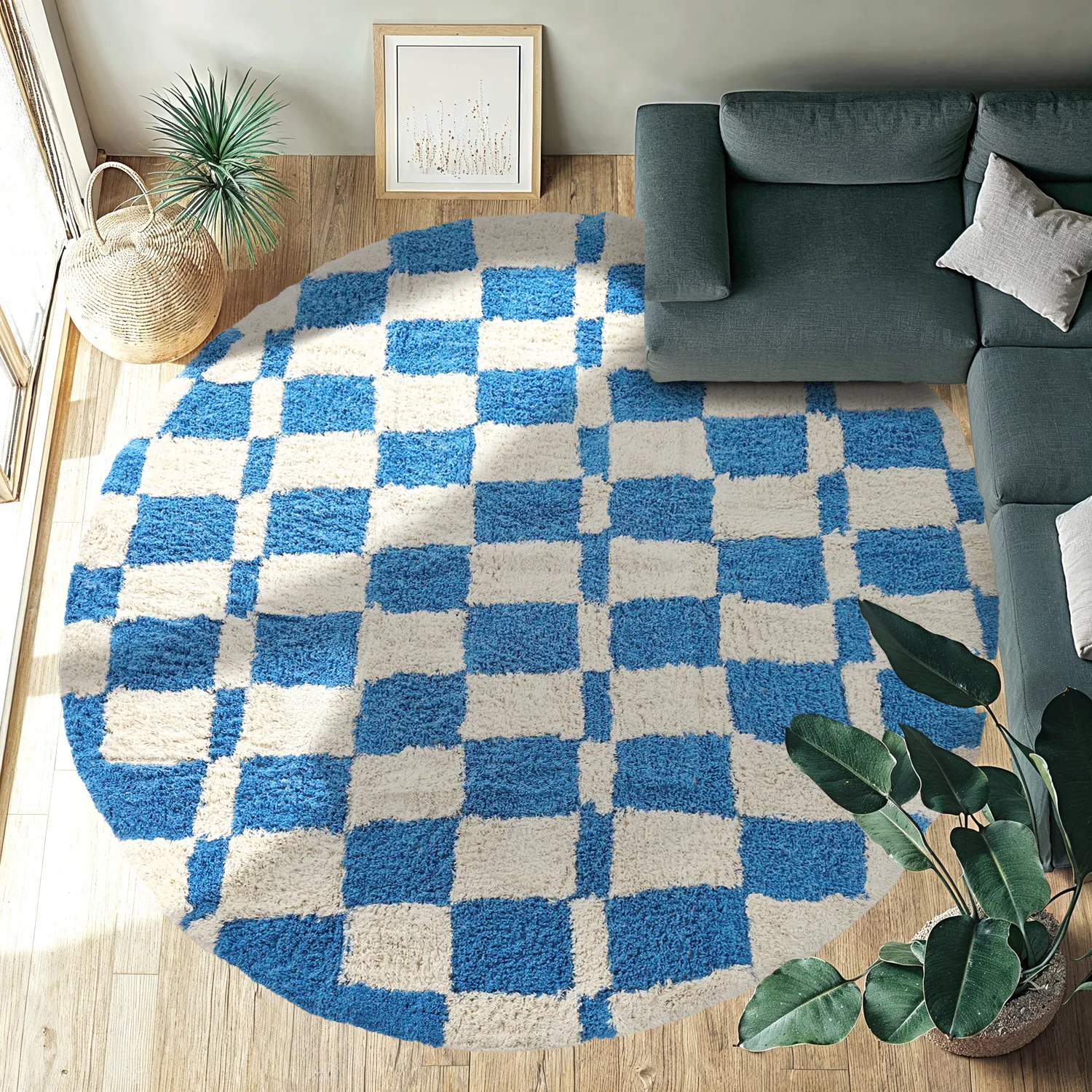 Kruhový koberec - Maranello Natural Cotton Shaggy (modrý)