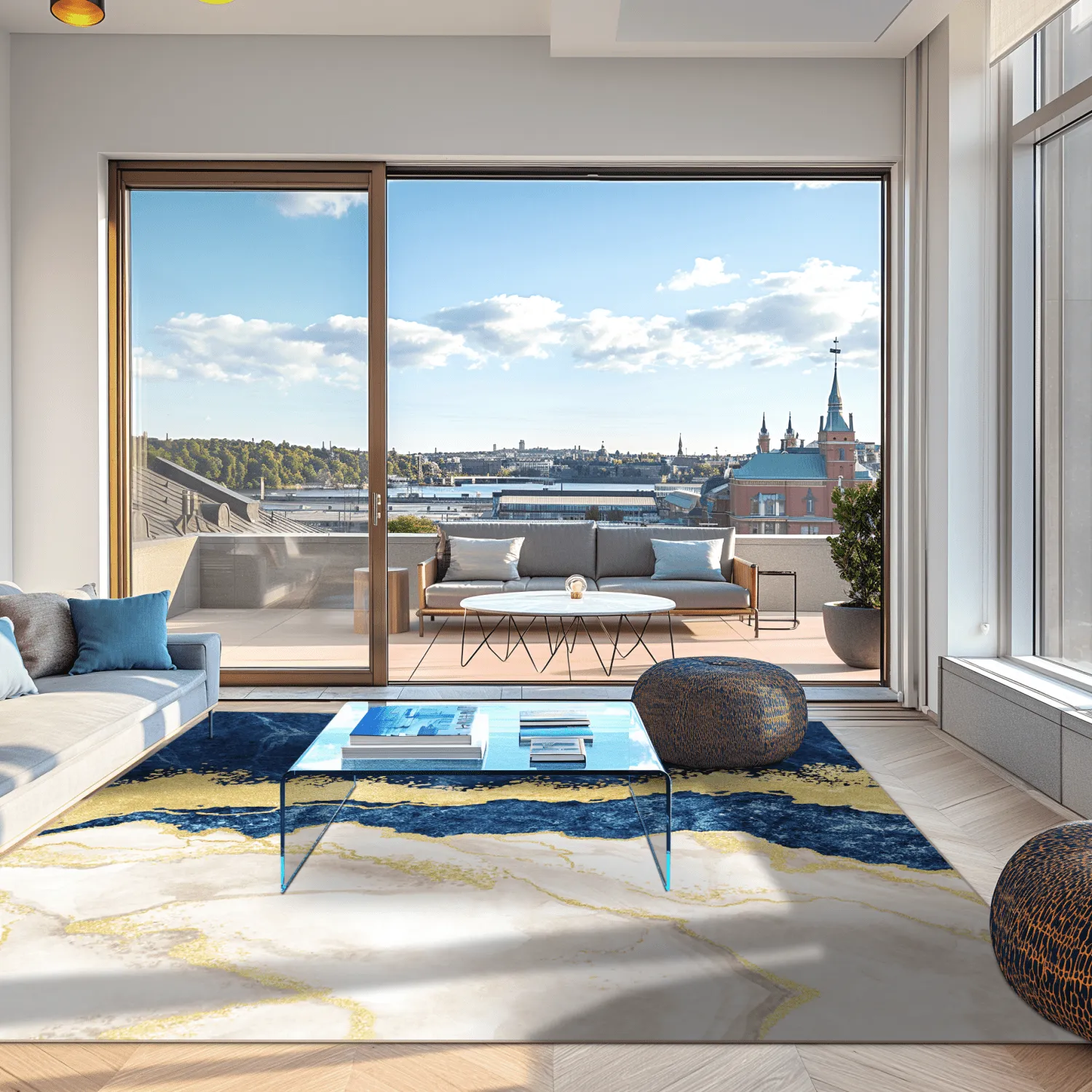 Koberec Wilton - Padova (modrá/biela/zlatá)