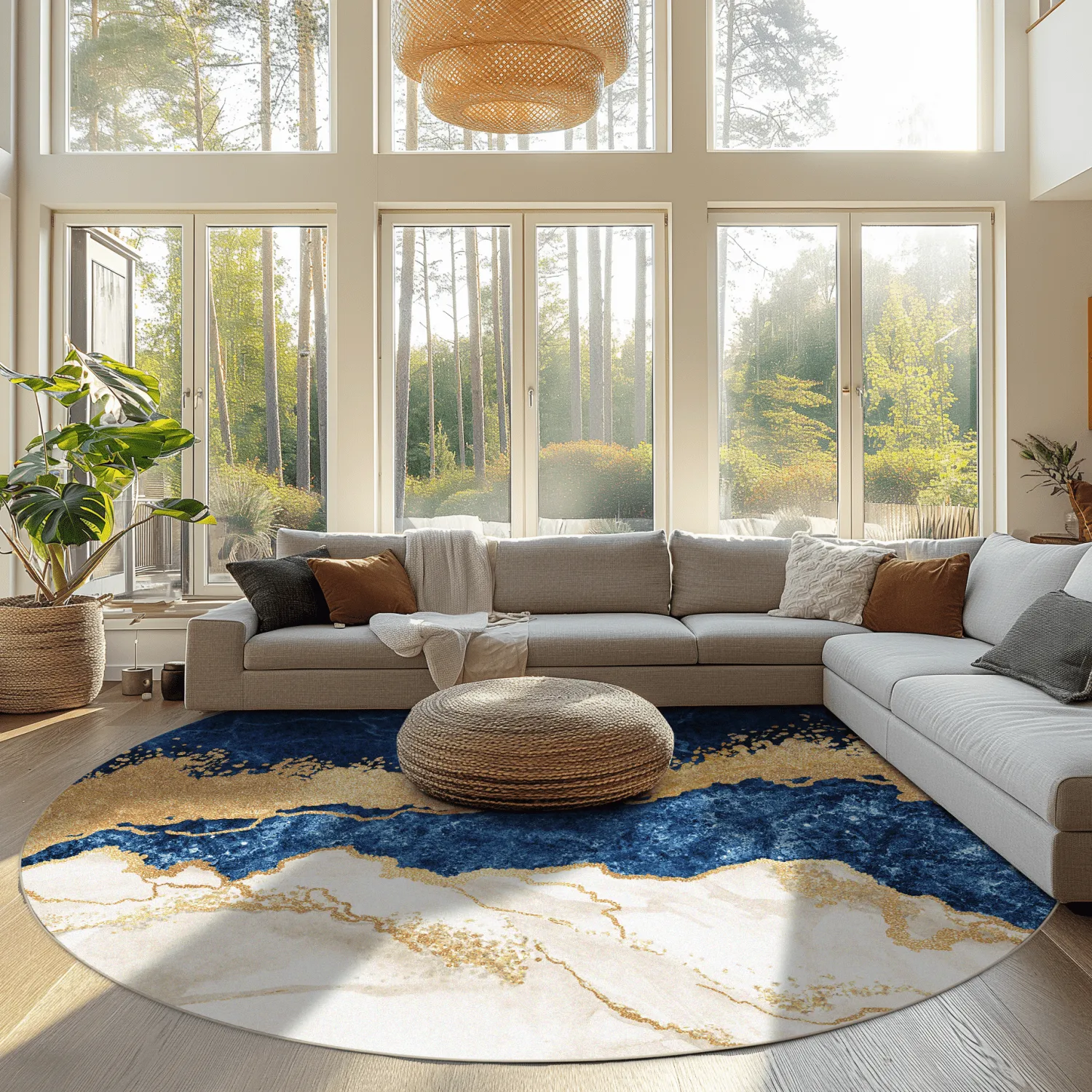 Kruhový koberec - Padova (modrý/biely/zlatý)