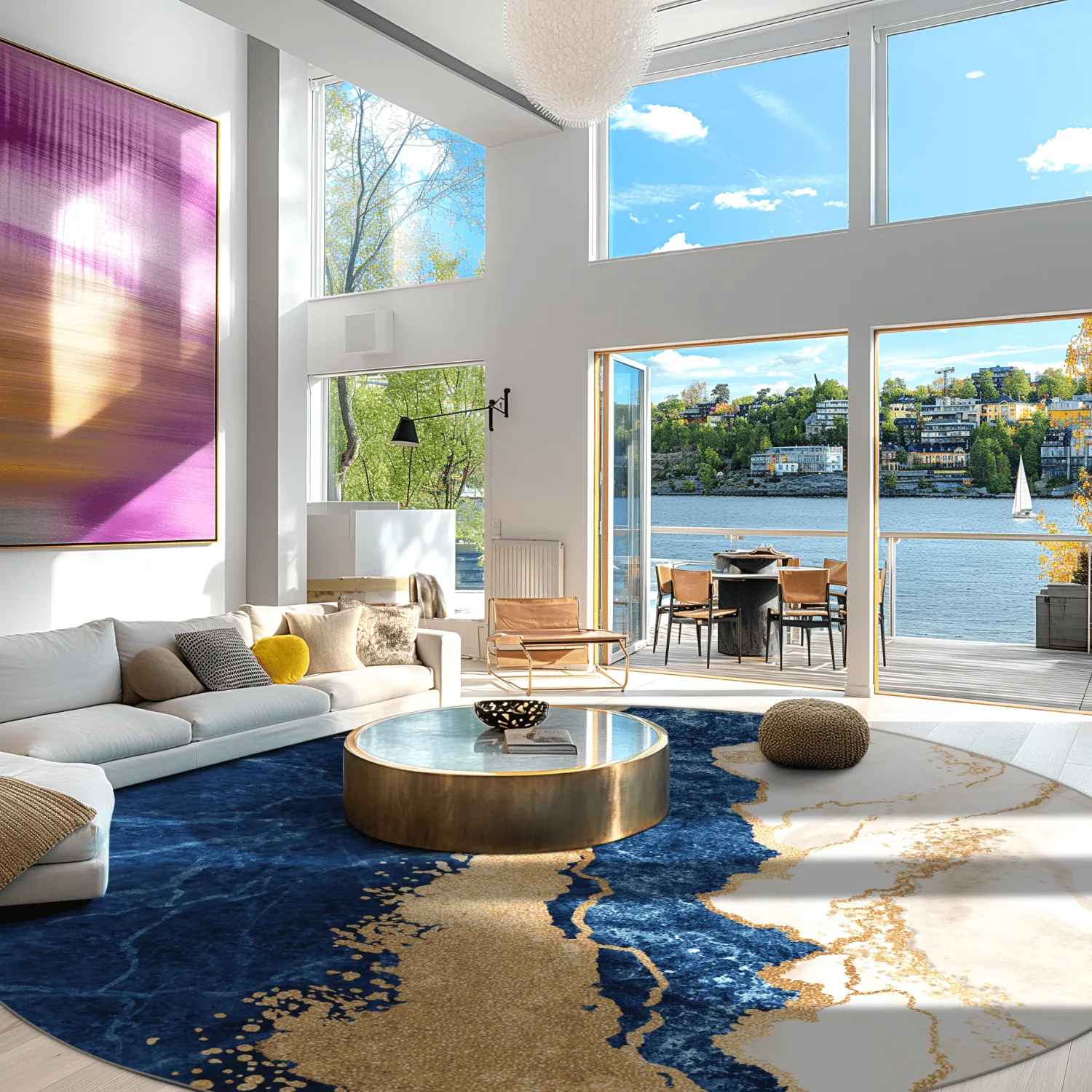 Kruhový koberec - Padova (modrý/biely/zlatý)